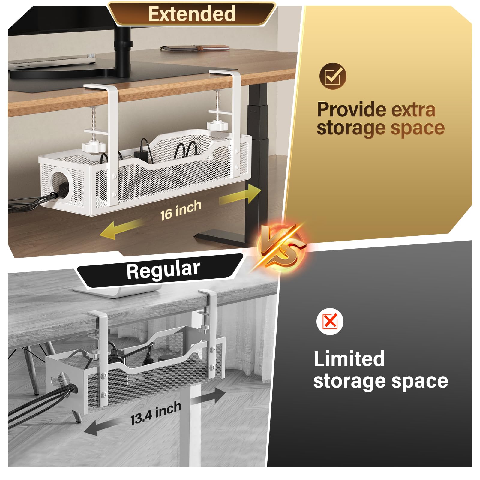 [Upgraded] 2 Pack Under Desk Cable Management Tray, Cinati Cord Organizers For Table Thickness Up To 3'', 16'' Wire Organization