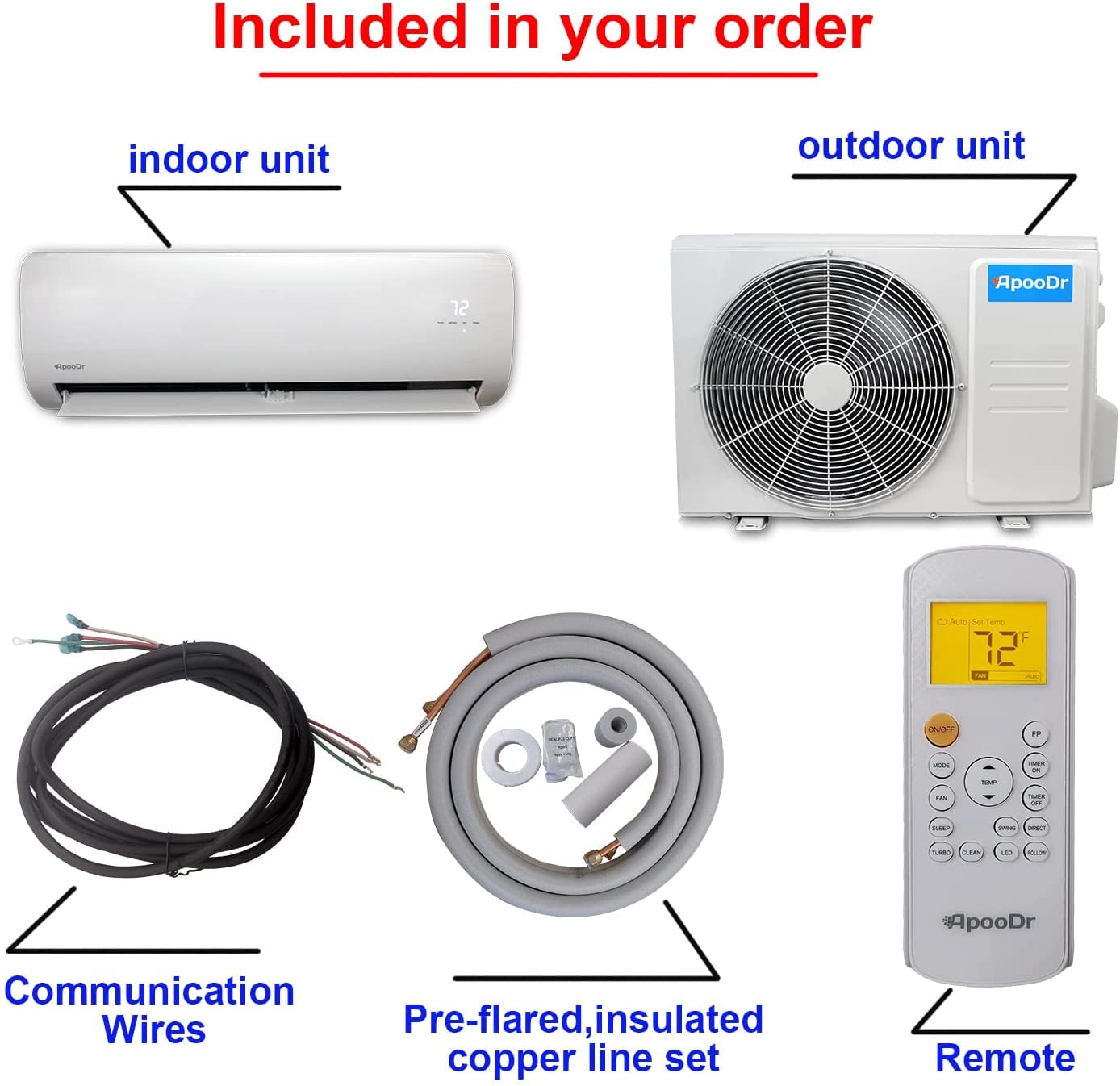 Apoodr 9000 Btu Mini Split Air Conditioner Ductless Inverter System 165 Seer With Heat Pump 220V,With Installation Kit