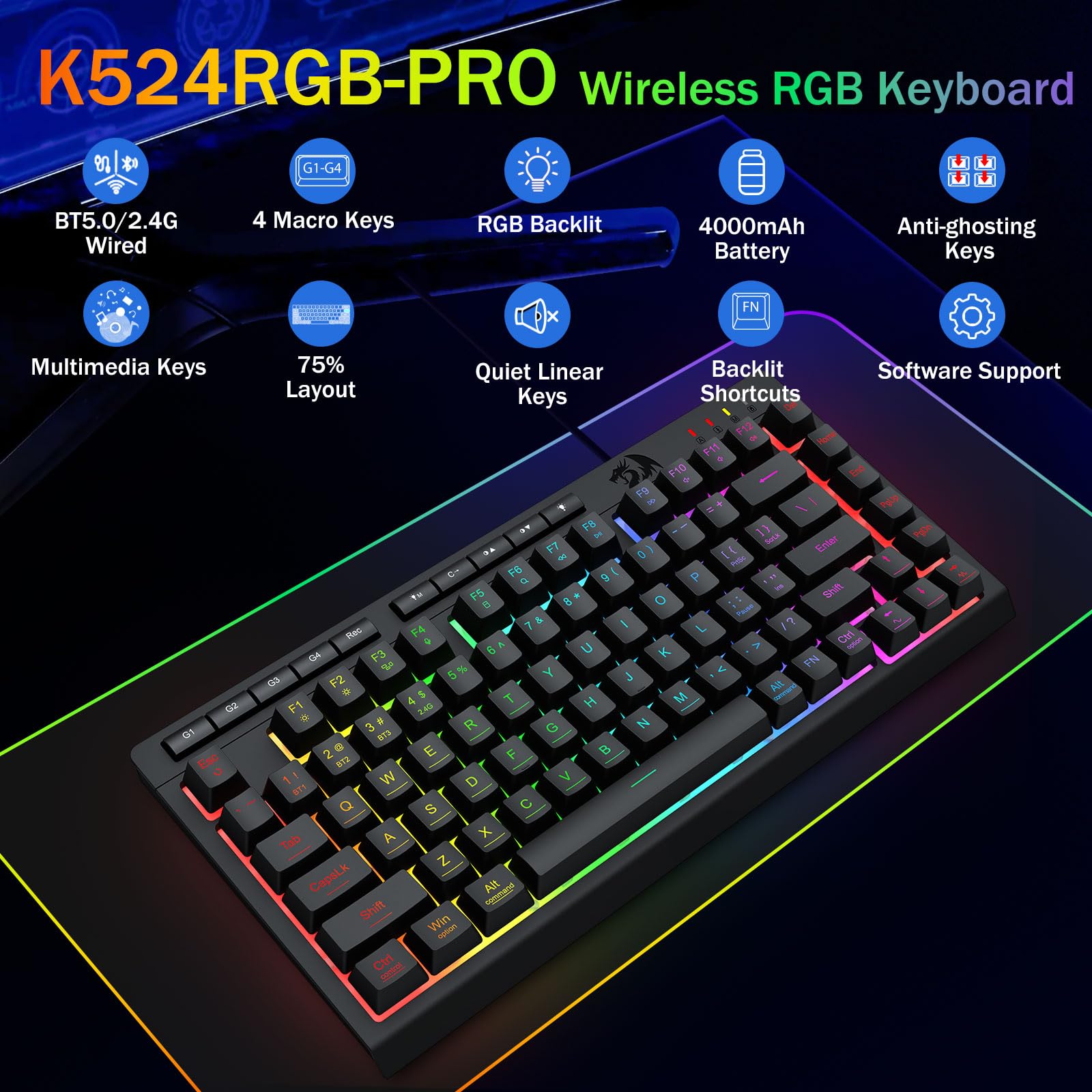 Redragon Portable Wireless Gaming Keyboard, Extra On-Board Macro Keys, Bluetooth/2.4Ghz/Usb-C, Rgb Backlit, Anti-Ghosting, Recha