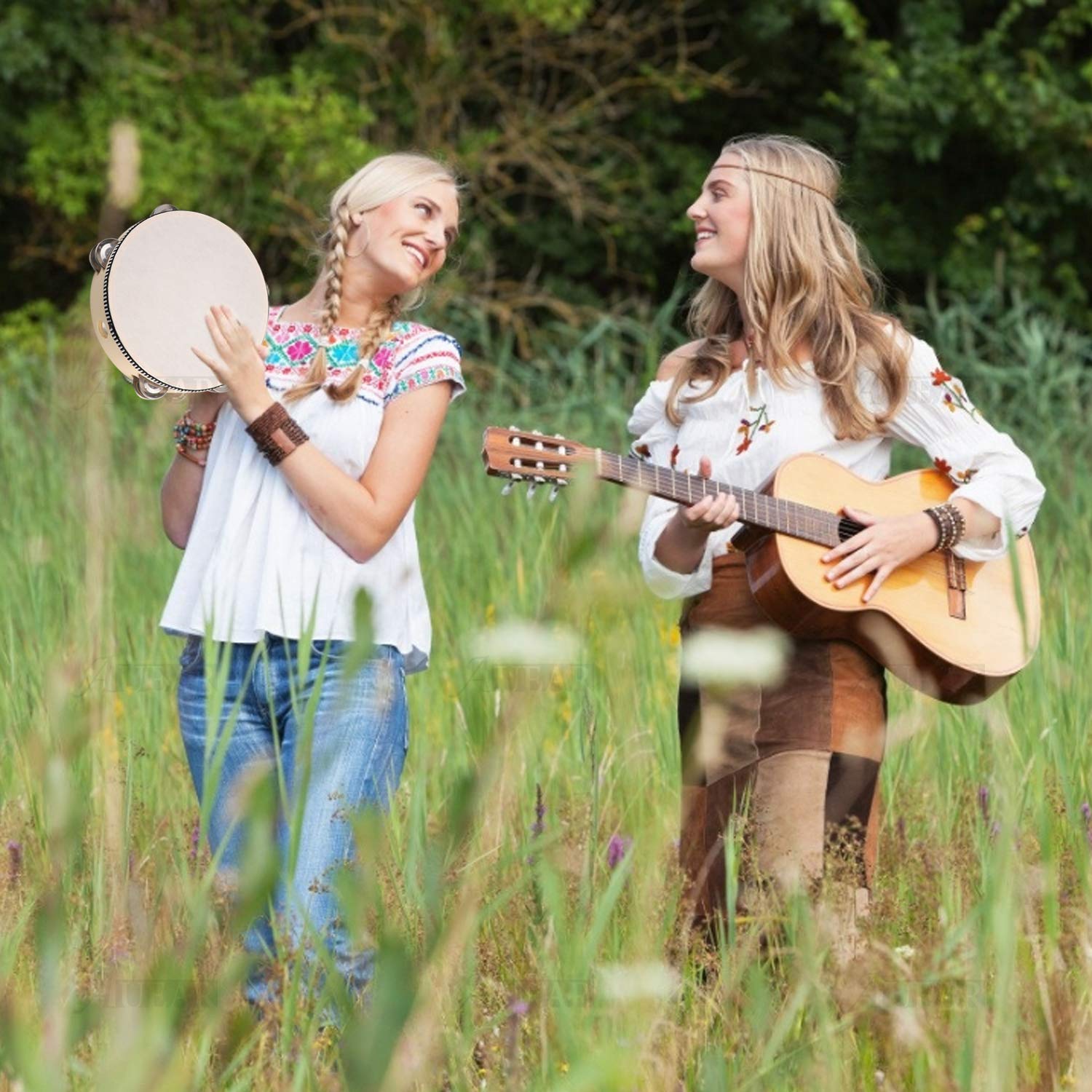 Auear, Double Row Jingles Handheld Tambourine Creative Wooden Tambourine Drum For Adults Percussion For Musical Educational Toy Party Game Church (1 Pack, 8 Inch)