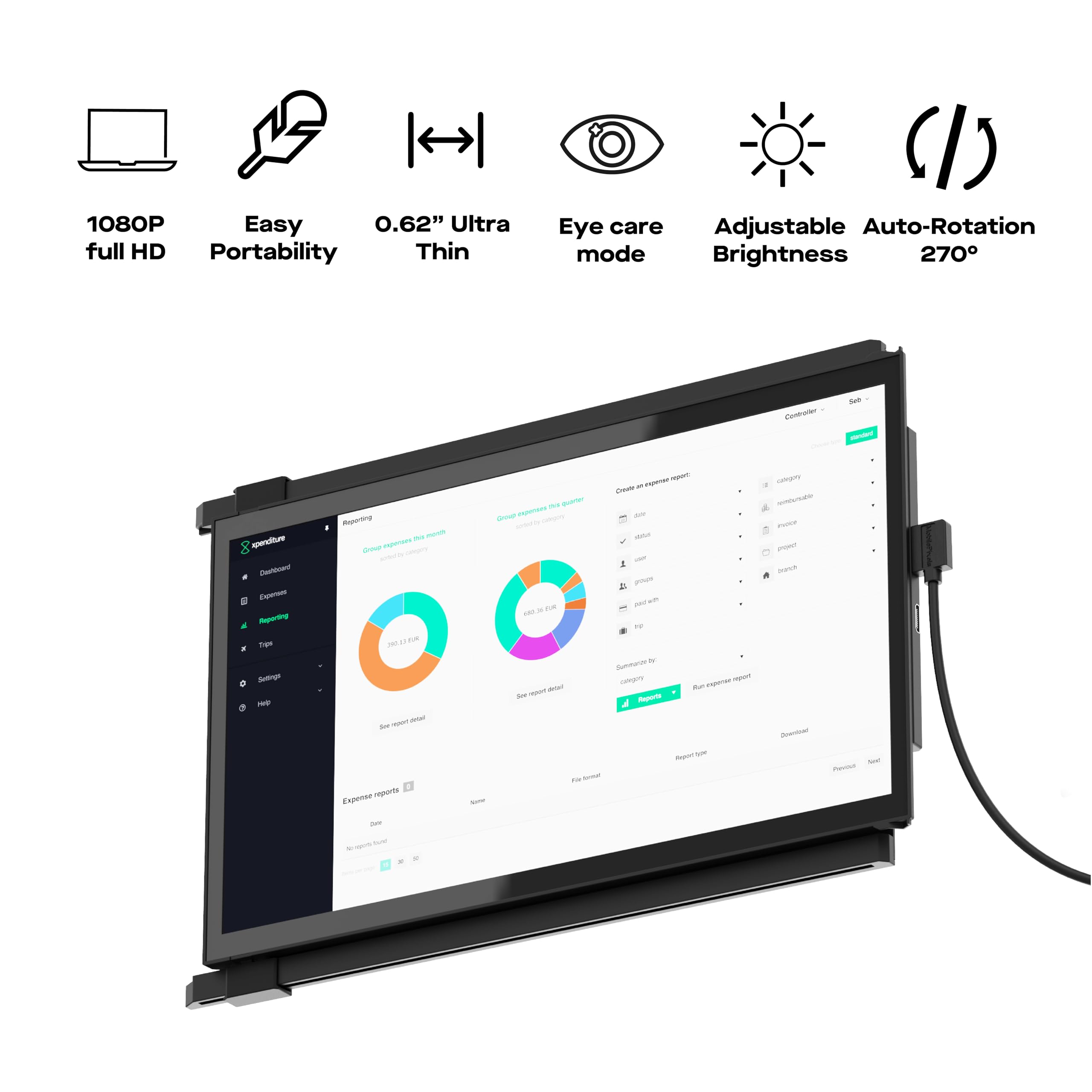 Mobile Pixels Duex Plus DS 13.3" Full HD IPS Portable Monitor Laptop Screen Extender Black