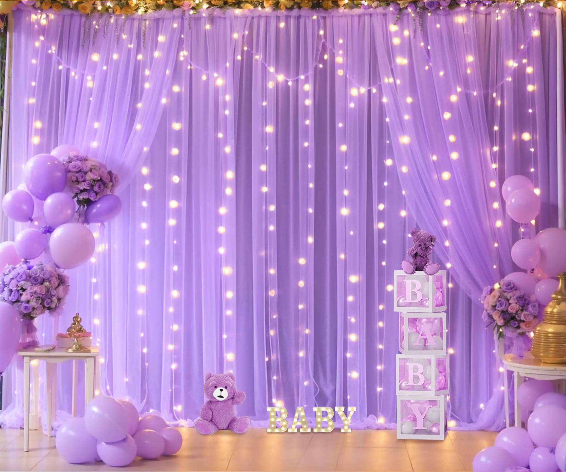 Lavender Tulle Backdrop Curtain With Led Lights For Wedding Baby Shower Girls 10Ft X 8Ft Lavender Sheer Backdrop Curtain For Bir