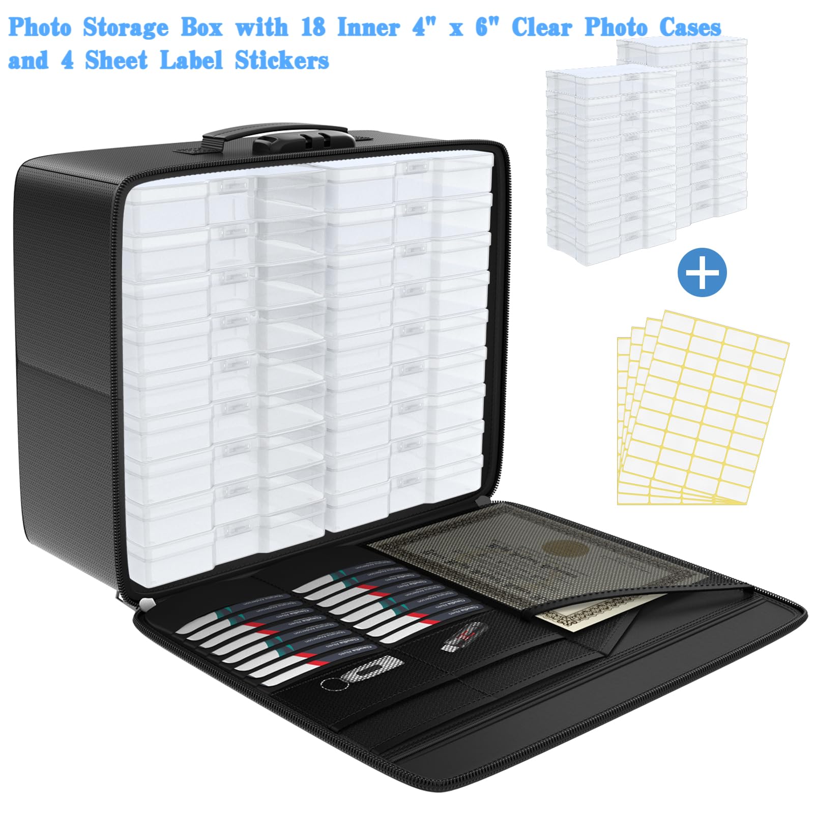 Fireproof Safe Photo Storage Box With 18 Inner 4'' X 6'' Clear Photo Cases, Portable Photo Organizer With Lock For Picture, Coll