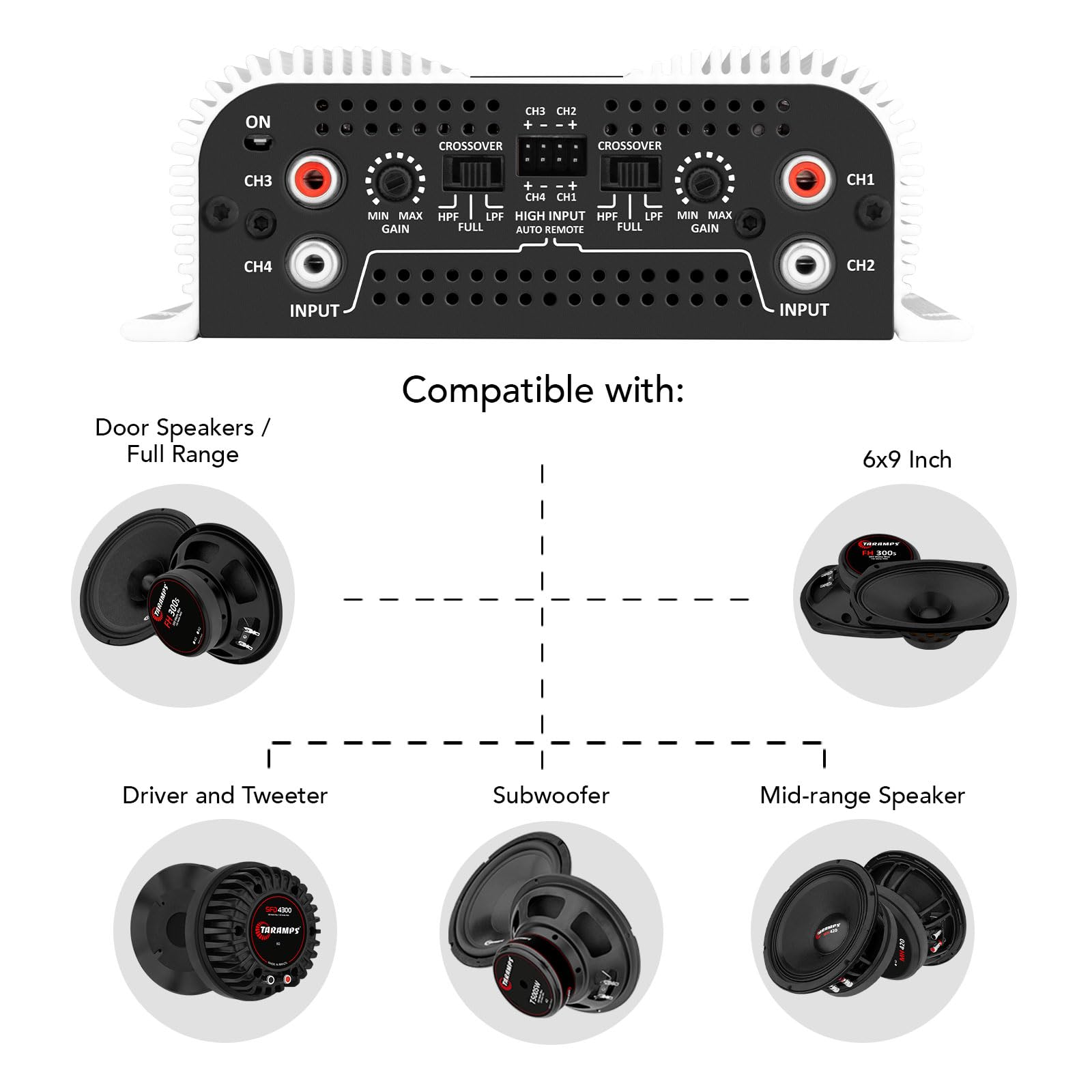 Taramps Ts 1200X4 Amplifier Car Audio 1200W Rms 2 Ohms 4 Channels 2 Bridged Channels, Full Range Crossover Fixed Rca/Wire Input