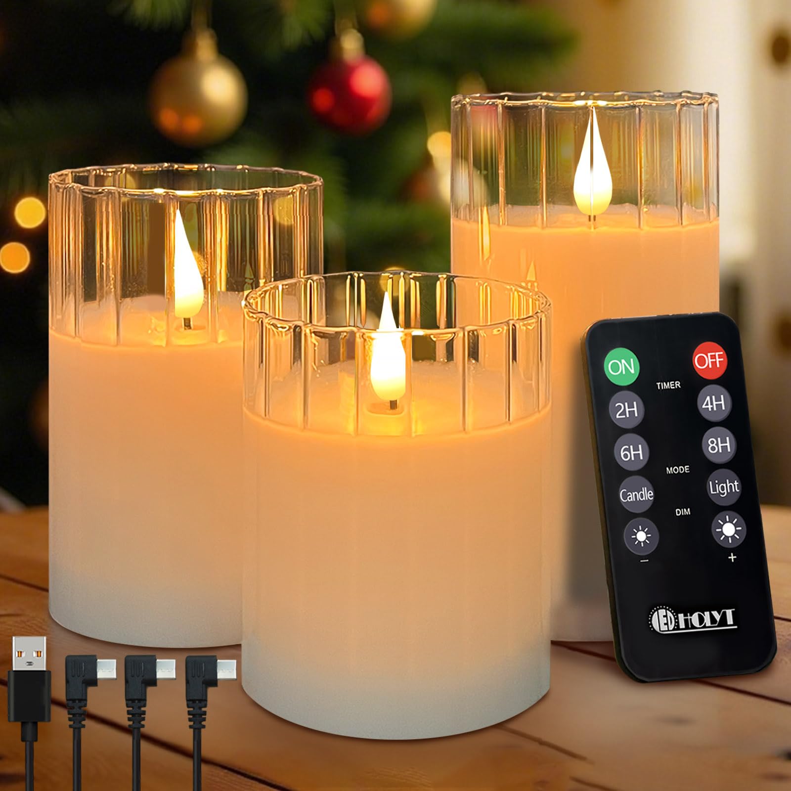 LEDHOLYT Rechargeable Flameless Glass Pillar Candles - Remote & Timer - Set of 3 White Stripes Realistic Flickering LED Light, I
