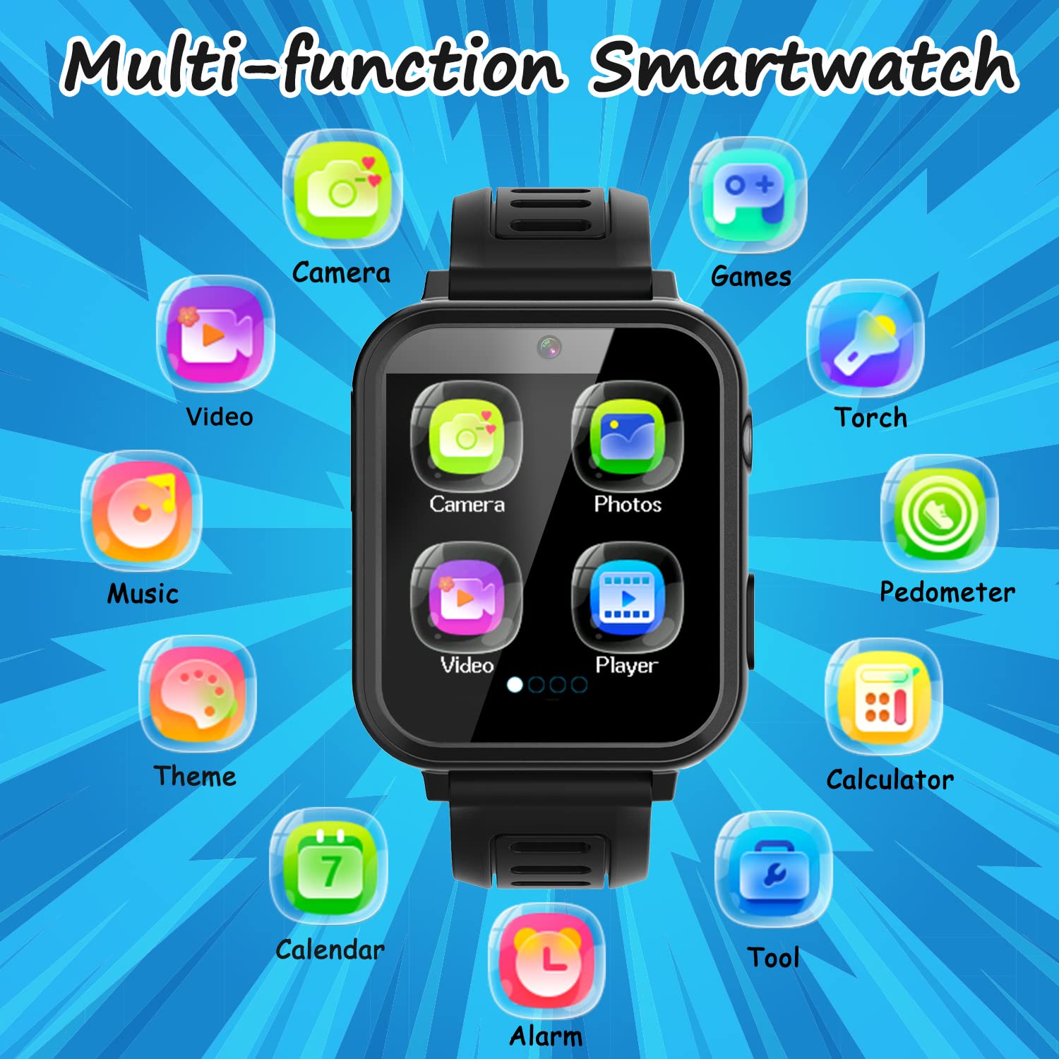 Smart Watch For Kids With 24 Games, Hd Touch Screen, Video Camera, Music Player, Pedometer, Flashlight, Alarm Clock - 12/24 Hr K