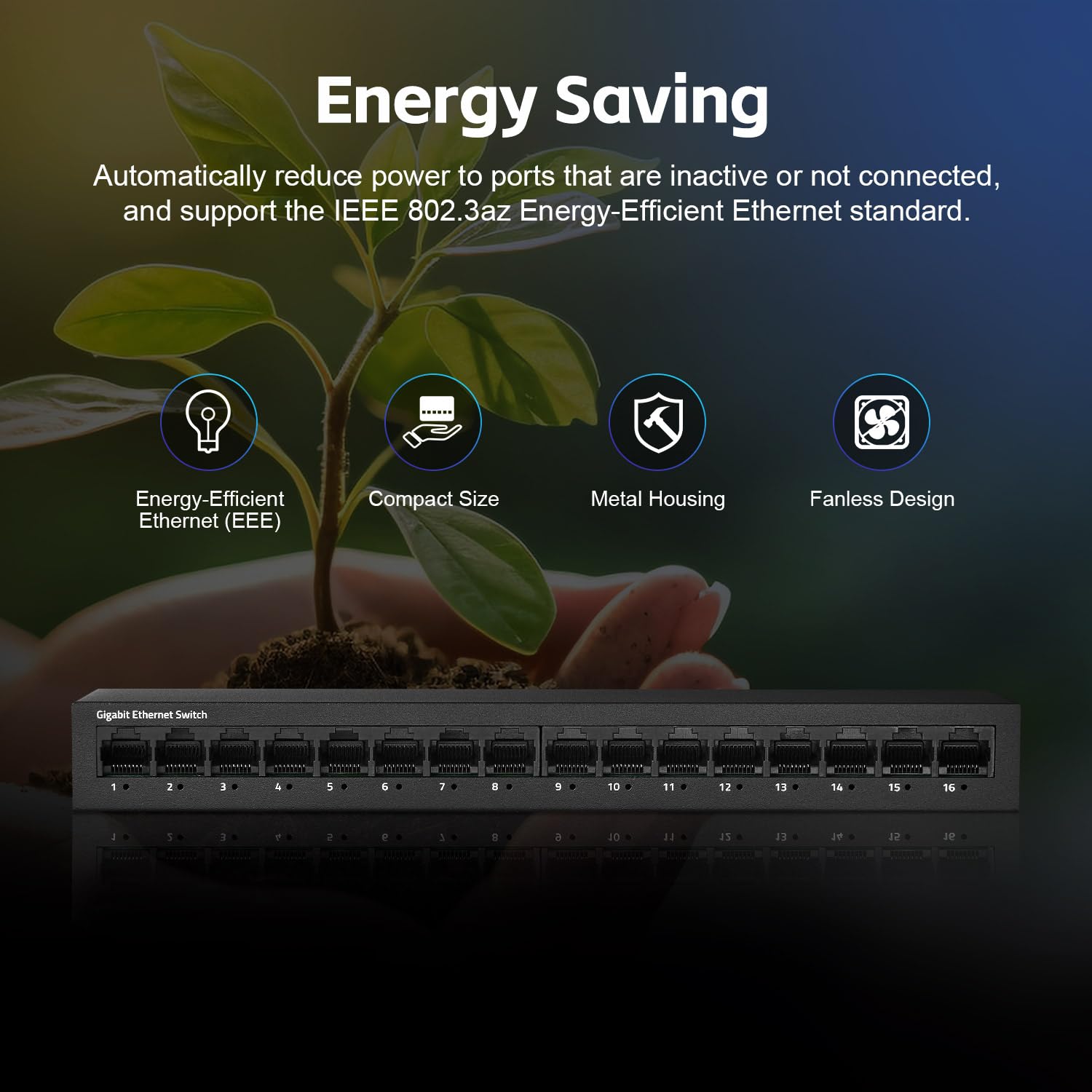 Yulinca 16 Port Gigabit Ethernet Switch, 16 X 100/1000Mbps Ports, Unmanaged Fanless Pluy And Play Gigabit Network Switch