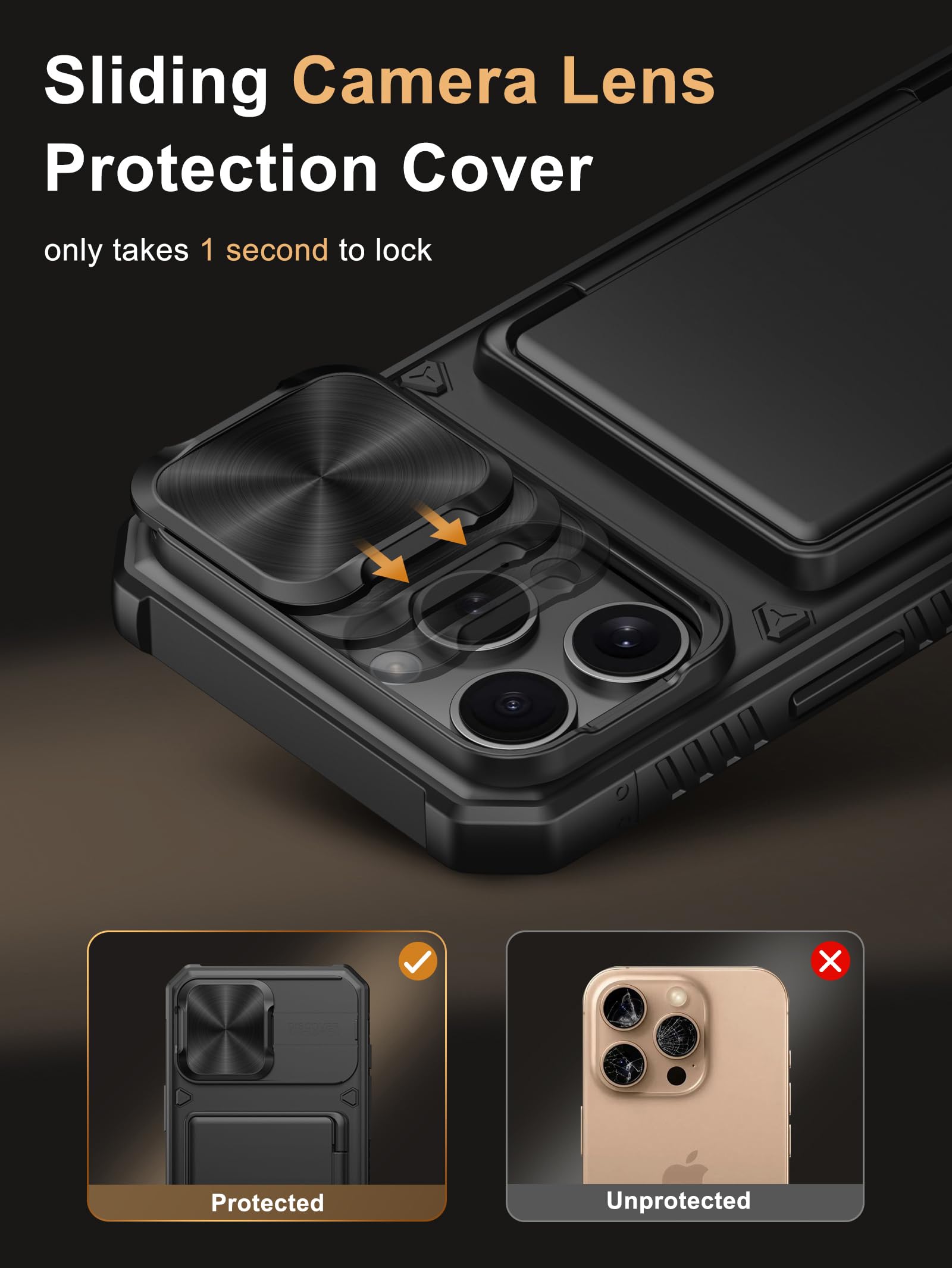 Vihibii For Iphone 16 Pro Max Case With Card Holder (4 Cards) [Rfid Blocking] & Slide Camera Cover, Military Grade Drop Protecti