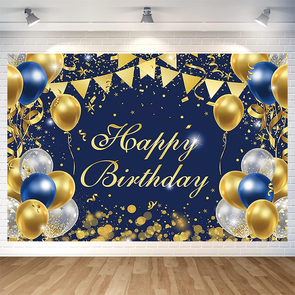Blue Gold Birthday Party Backdrop Blue Gold Happy Birthday Banner Blue Gold Photography Background For Home Decorations Party Su