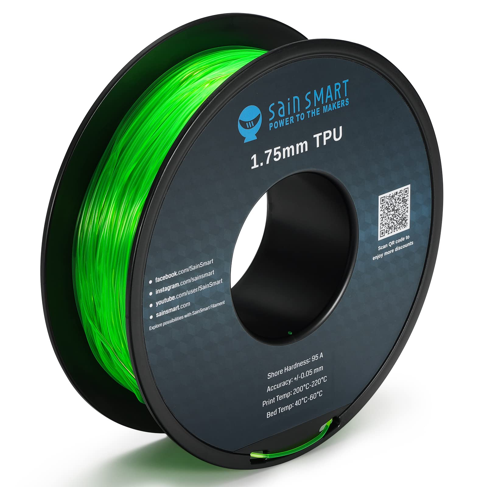 Sainsmart Green Flexible Tpu 3D Printing Filament, 1.75 Mm, 0.8 Kg, Dimensional Accuracy +/  0.05 Mm