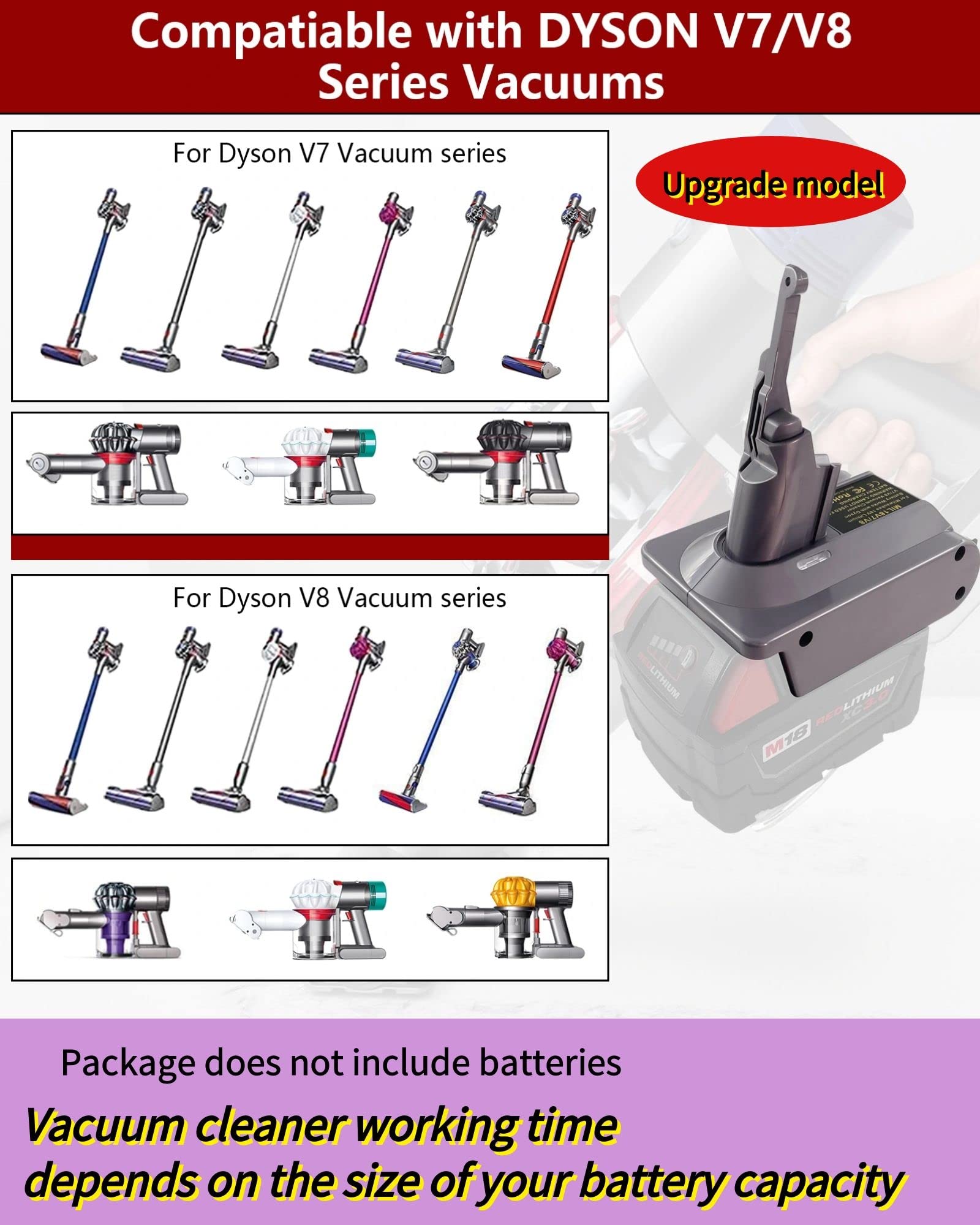 Replacement For Dyson V7V8 Vacuum Battery,Battery Adapter For Milwaukee 18V Lithium Battery,For Dyson V7V8 Absolute V7V8 Animal,