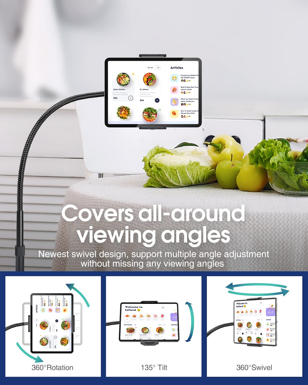 Elitehood Ipad Stand Floor With 14Lb Heavy Duty Base, Adjustable Gooeneck Tablet Floor Stand, Tall Ipad Stand For Bed Compatible With 4.7 13In Kindle, Iphone And Tablets