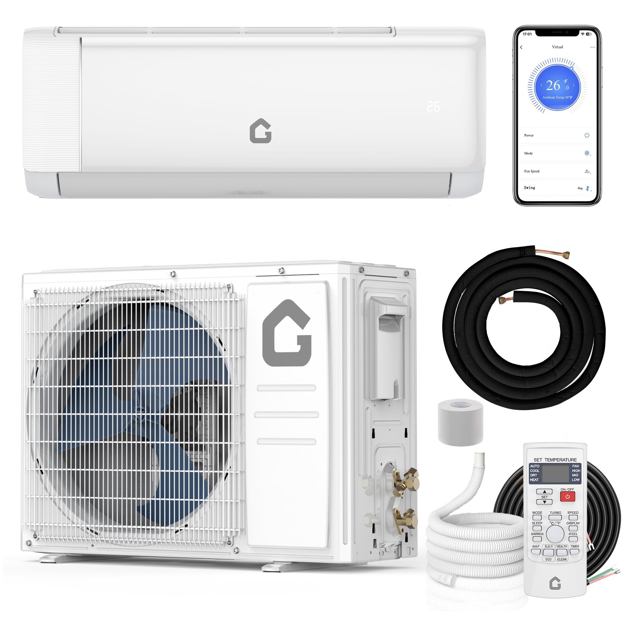 9000 BTU Mini Split AC w/Remote Control19 SEER2 Cools Up to 450 Sq. Ft,Ductless Inverter Mini Split System w/0.75 Ton Heat Pump
