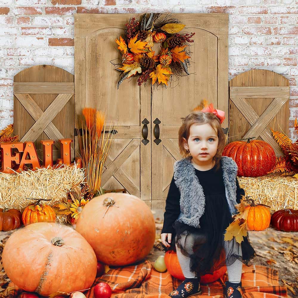 Aibiin Fall Barn Pumpkin Photography Background Rustic Brick Wall Wood Door Backdrop Haystack Decoration Wreath Banner For Kids