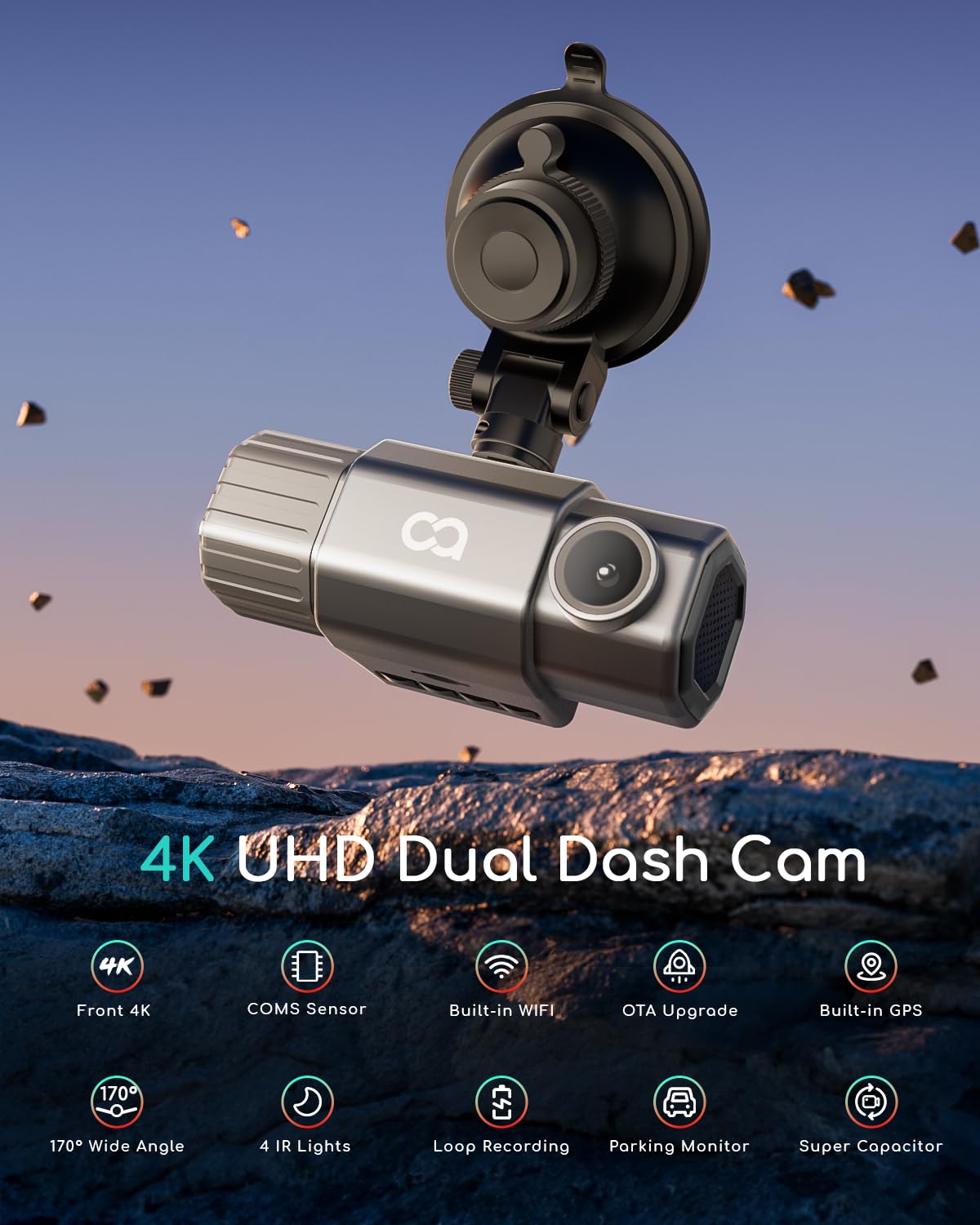 Cooau 4K Dual Dash Cam, Built In Gps Wi Fi, 2.5K+1080P Dash Cam Front And Inside With Infrared Night Vision, Dash Camera With Pa
