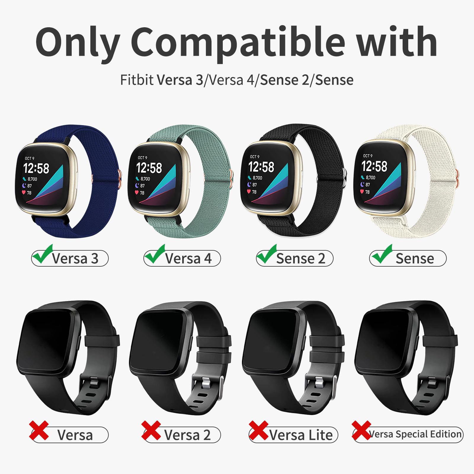 Zspoly Braided Band Compatible With Fitbit Versa 4 Bands For Women/Versa 3/Sense 2/Sense Band, Magnetic Clasp Elastic Fabric Spo