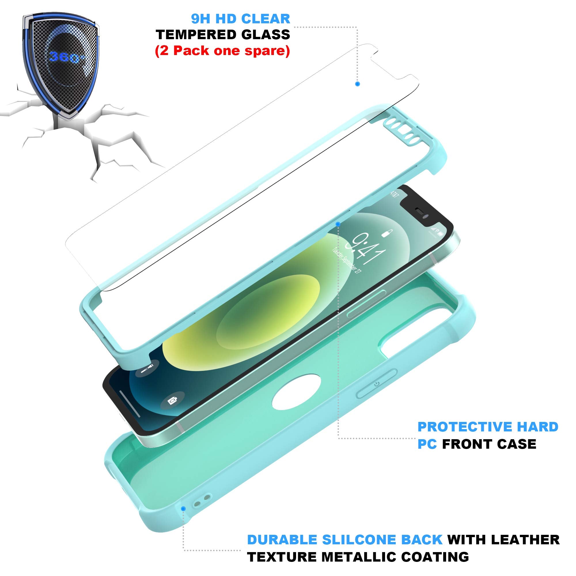 Oretech For Iphone 12 Case/Iphone 12 Pro Case With [2 X Tempered Glass Screen Protector] 360 Heavy Duty Hard Pc Bumper Phone Cov