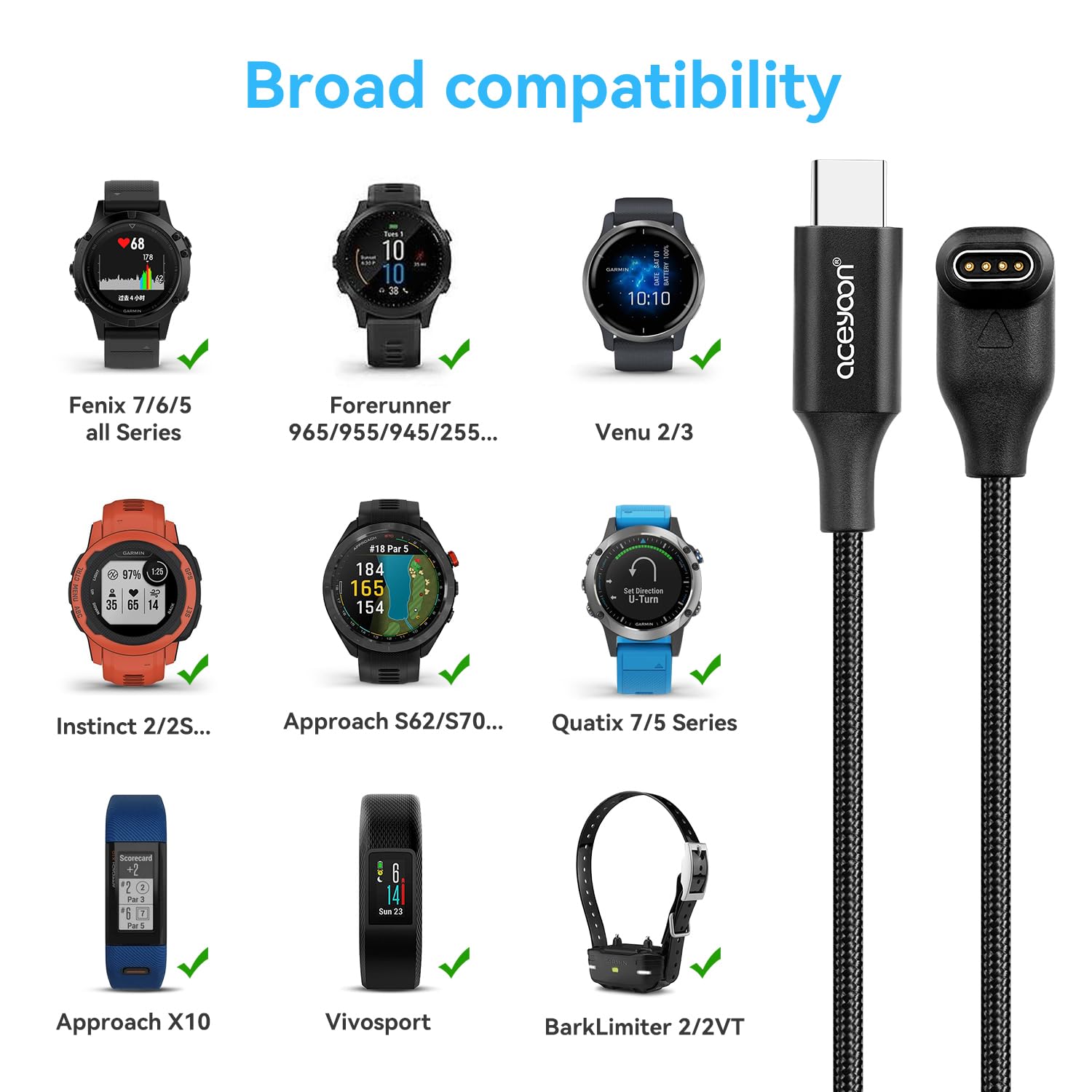 aceyoon 2 Pack 3.3FT Right Angle Charger Cable for Garmin Fenix 7/6/5/X/S, Forerunner 245/945, Instinct 2, Vivo