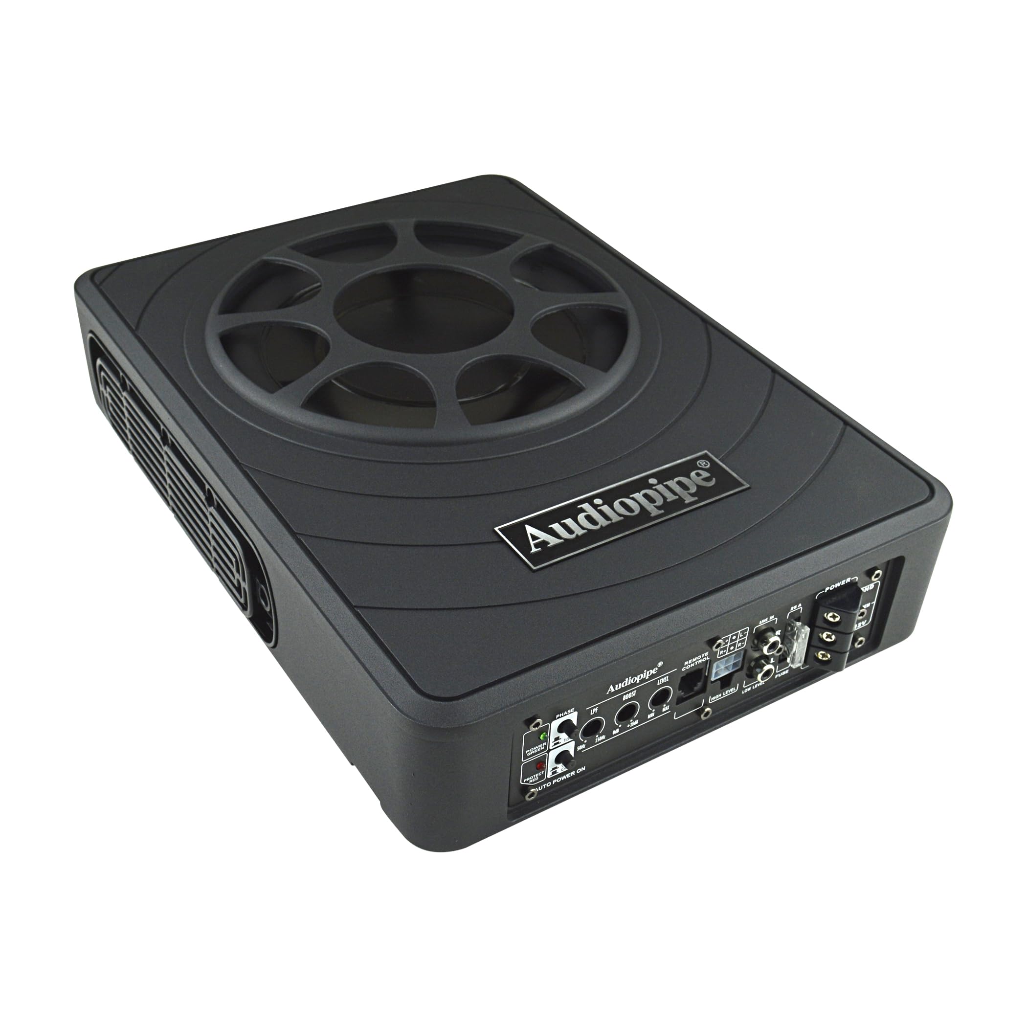 Audiopipe 8'' Low Profile Amplified Subwoofer (Aplp 8300), 350W, Compact, Mosfet Circuit, Rca, Phase Switch, Bass Boost Control,
