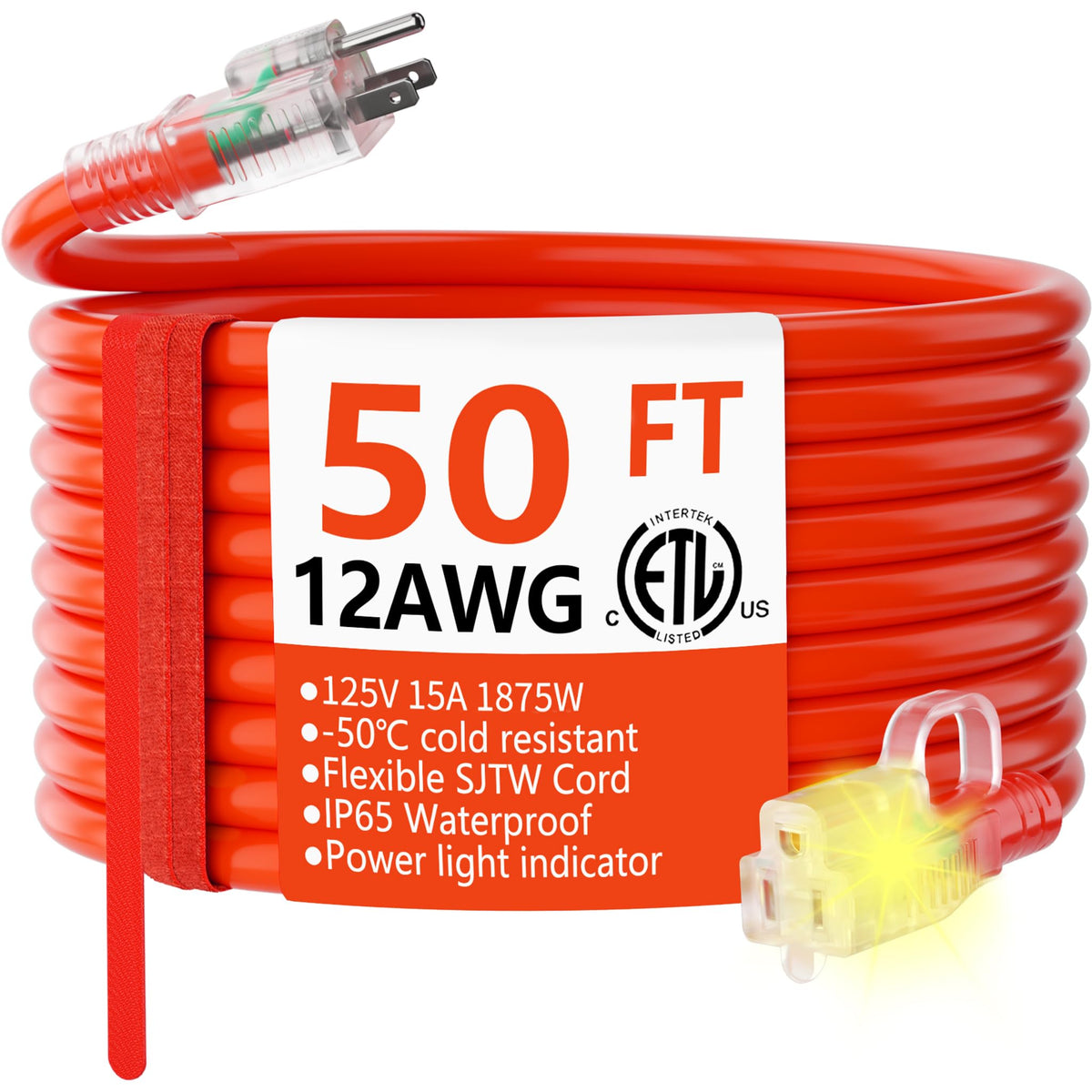 Huanchain 150 Ft Outdoor Extension Cord Waterproof 12/3 Gauge Heavy Duty With Lighted End, Flexible Cold Resistant 3 Prong Elect