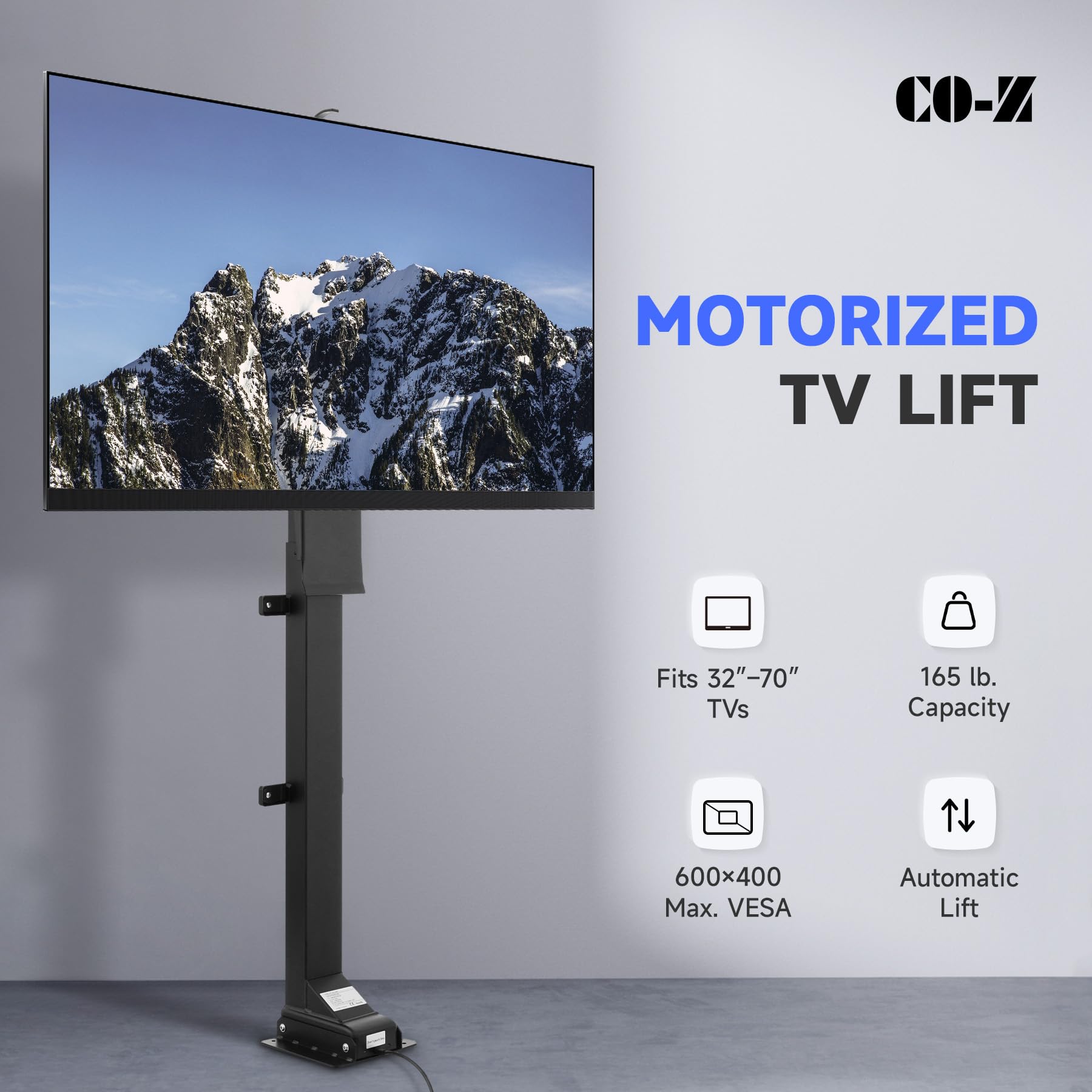 Co Z Motorized Tv Lift For 32'' To 70'' Tvs Up To 600X400 Vesa, Height Adjustable Tv Stand And Wall Mount With Remote Control An