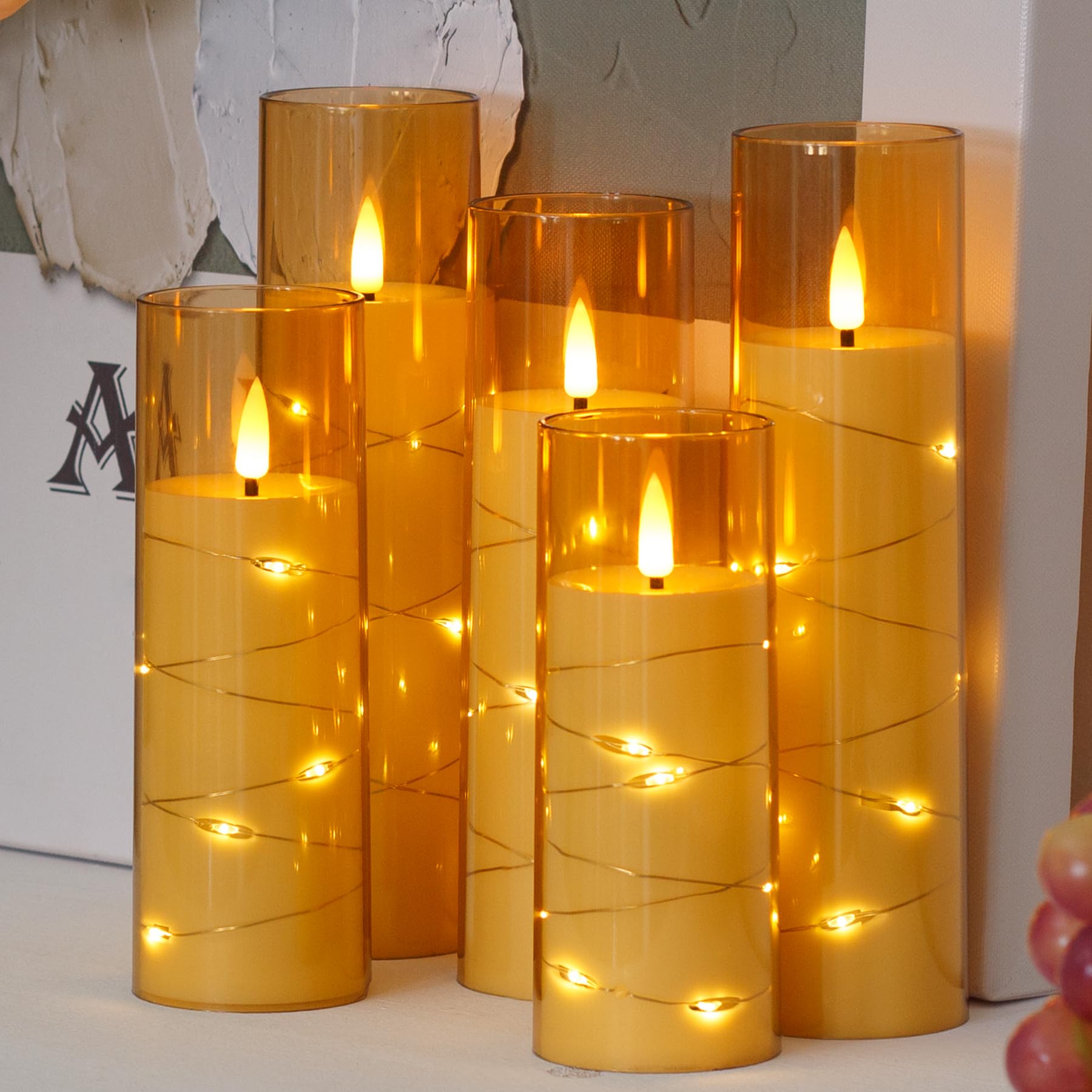 Zevanor Flameless Flickering 2.2'' X5'' 6'' 7'' 8'' 8'' Candles, Led Battery Operated Gold Clear Plastic Timer Pillar Realistic
