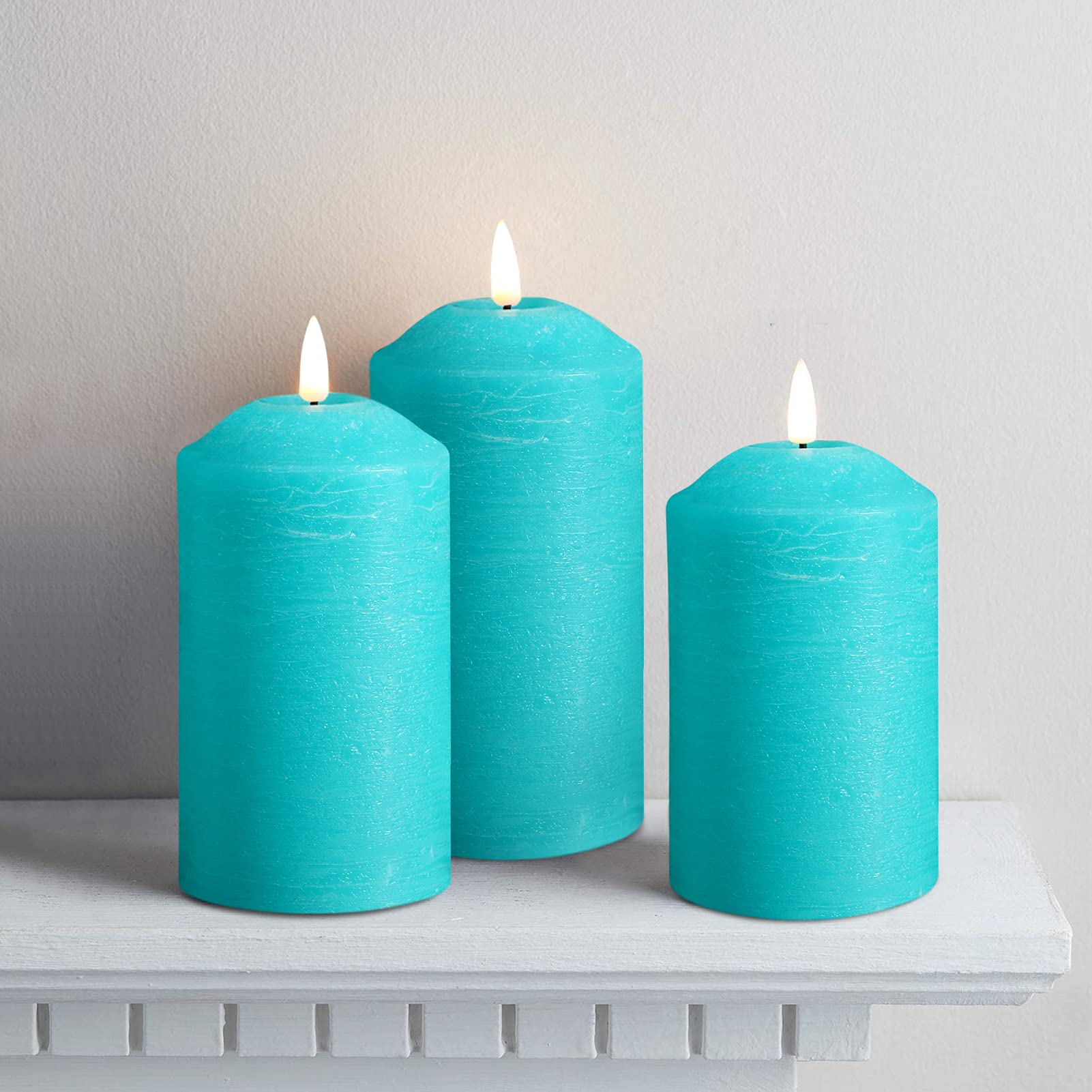 Eywamage Turquoise Blue Flameless Pillar Candles With Remote, Flickering Cone Top Led Wax Battery Candles Set Of 3