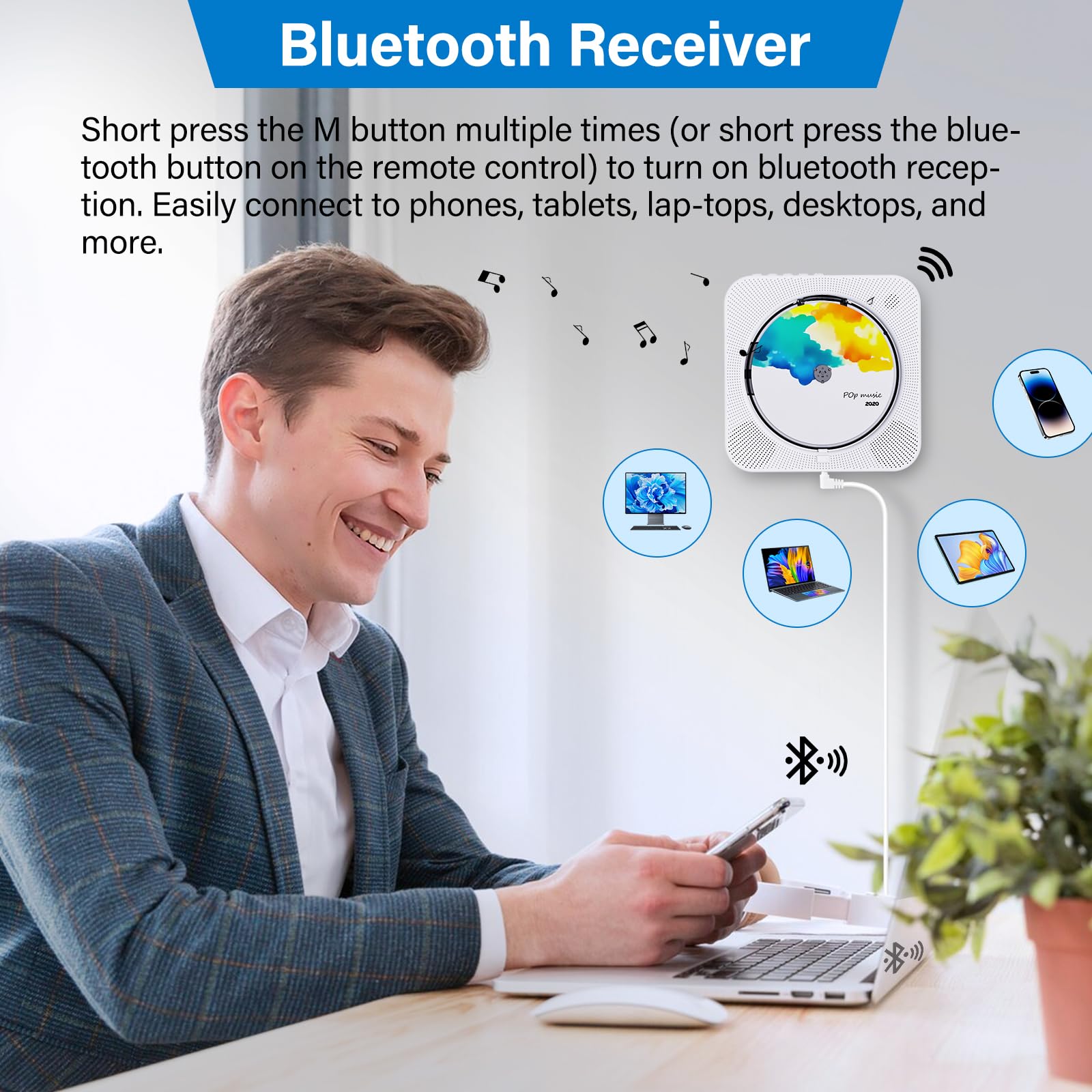 Envycloud Cd Player Portable Bluetooth Desktop Cd Player For Home, Built In Dual Speakers And Led Display With Remote Control, S