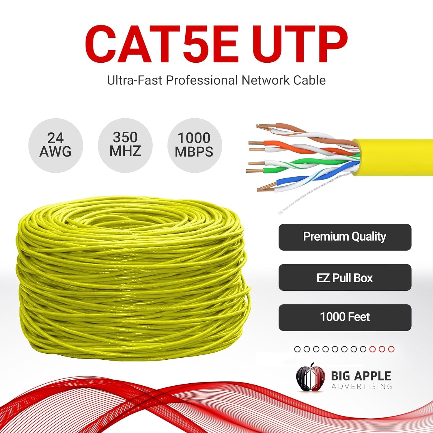 Big A   Bulk Cat5E Cable 1000Ft 24Awg Solid 4 Pair Cat5E Ethernet Cable, Unshielded Twisted Pair Utp 350Mhz Internet Cable, Pull