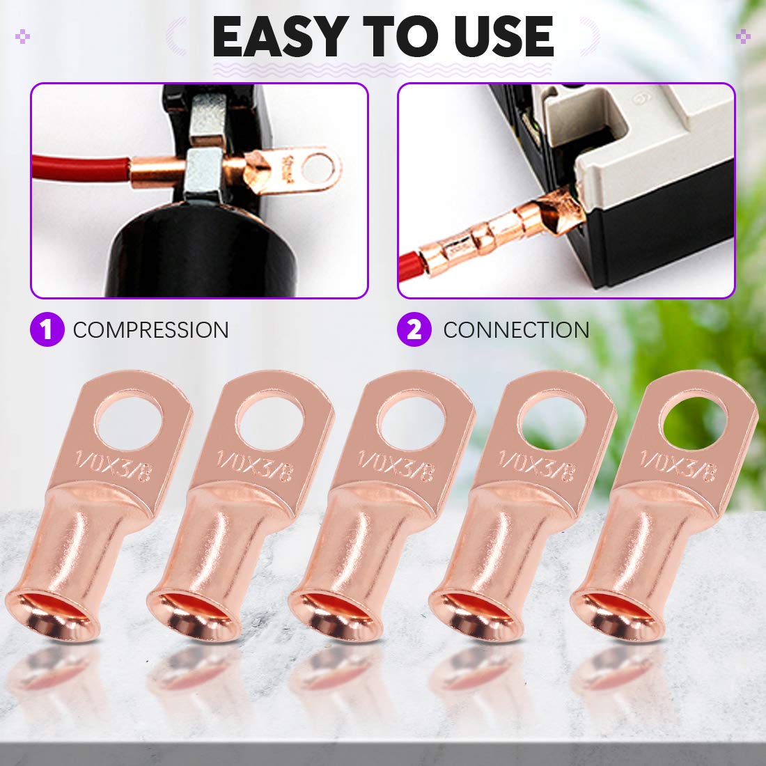 Swpeet 6Pcs 1/0 Awg   3/8'' (M10) Ring Terminals Ul Listed Copper Battery Cable Lugs Wire Lugs, Battery Cable Ends Bare Copper E