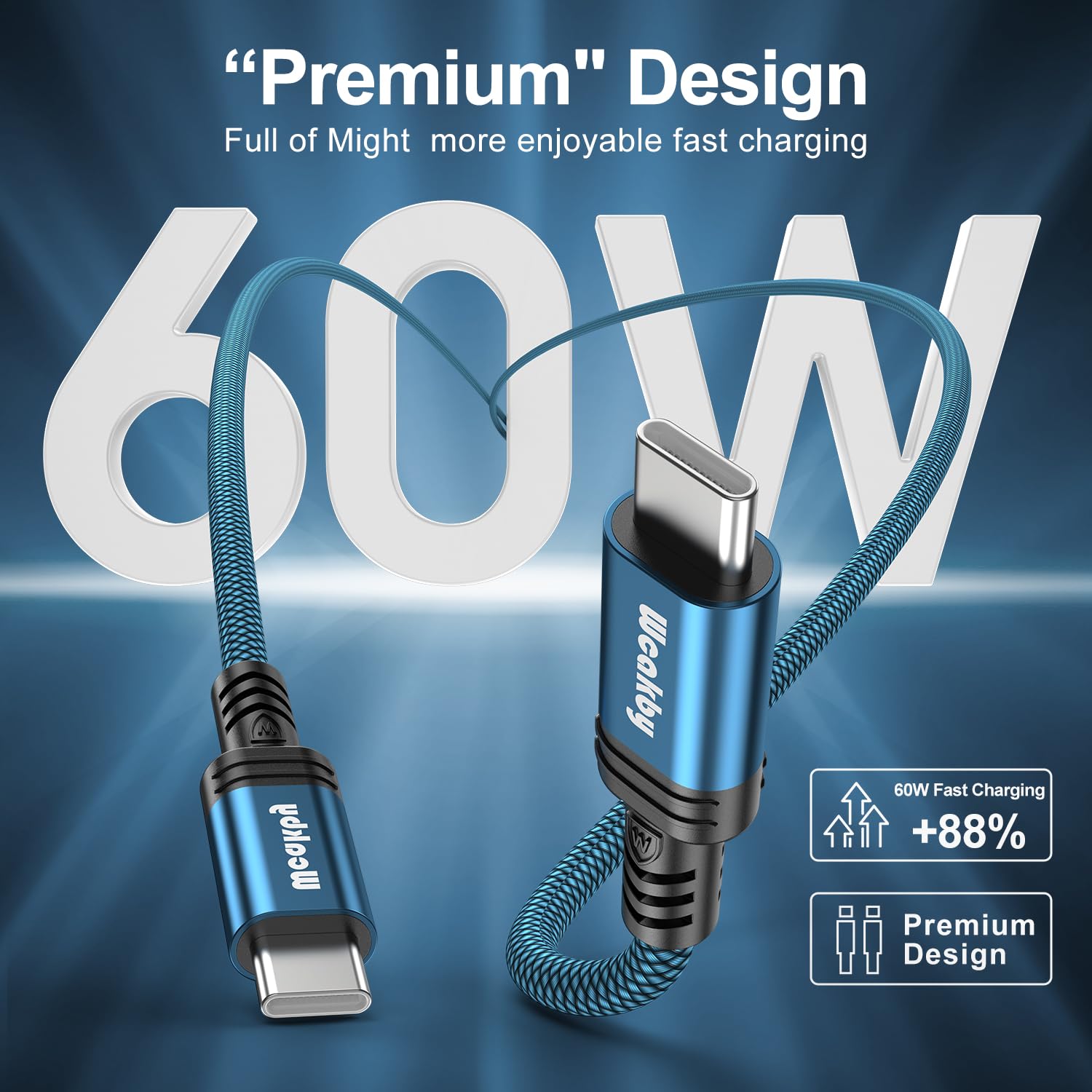Wcakby USB C to USB C Charger Cable 60W Fast Charge Nylon Braided 3-Pack (6.6FT+3.3FT+1.6FT) Blue