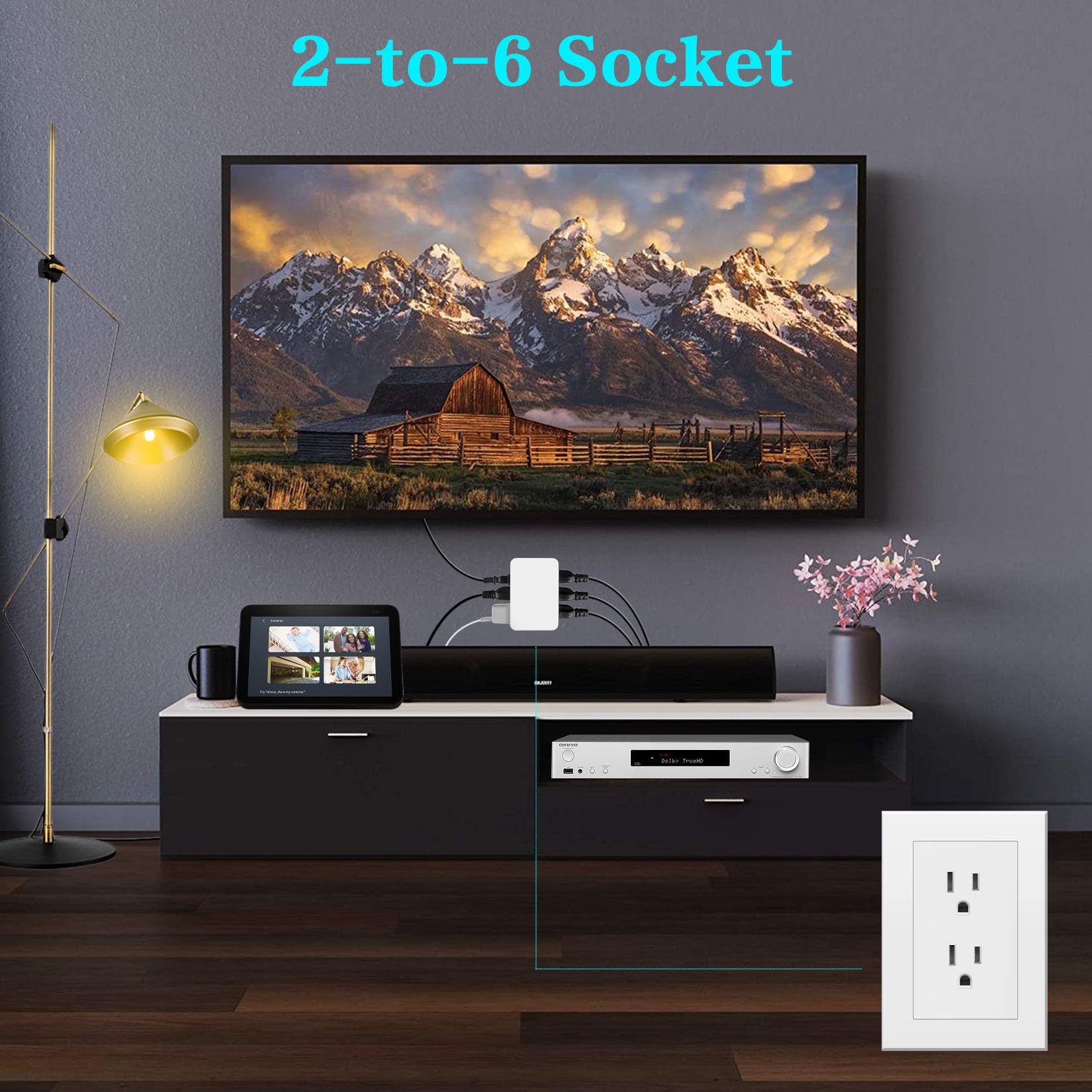 Fiiman 6 Outlet Wall Adapter, Ul Listed 3 Prong Grounded Outlet To The Side, Wall Plug Side Access Adapter, 6 Way Outlet Extende