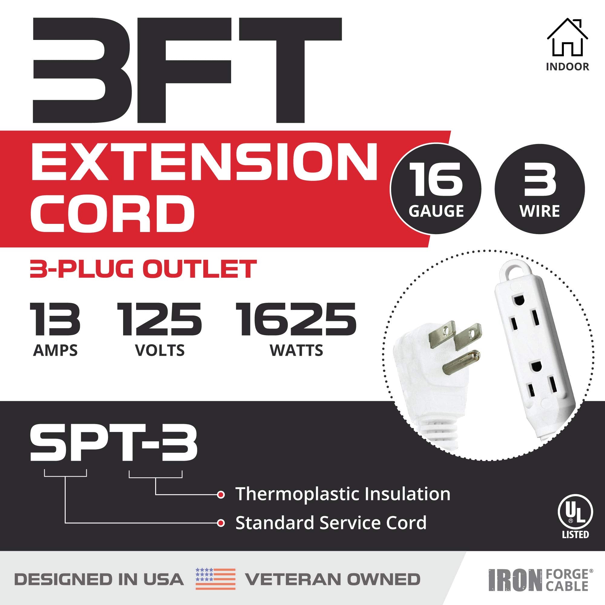 Iron Forge Cable 2 Pack Of 3 Ft Flat Extension Cord Multiple Outlets   16/3 Flat Plug Indoor Extension Cord White Multi Pack   3