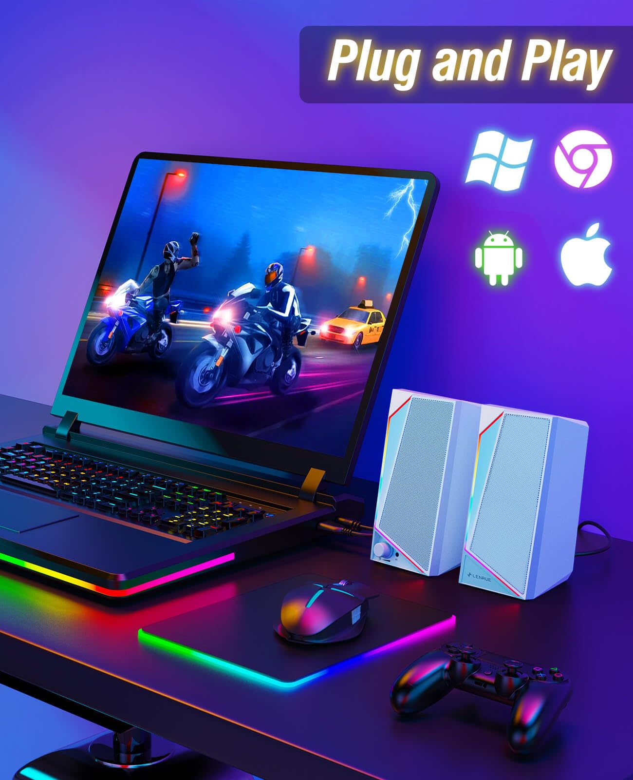 Lenrue Computer Speakers, Usb/Usb C Powered Pc Speakers With Loud Stereo Sound, Headphone In For Desktop, Laptop, Monitor (Usb C To Usb Adapter Included)