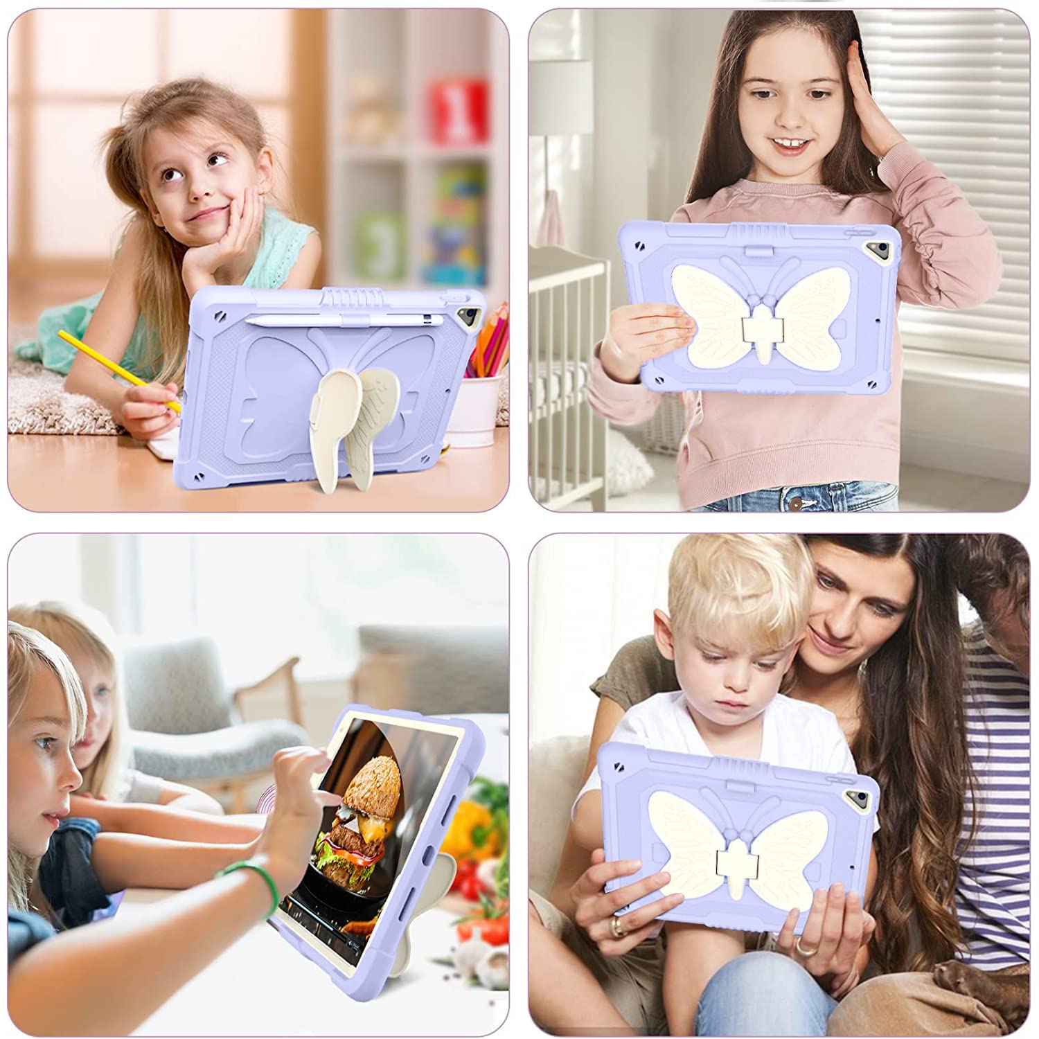 Ambison Case For Ipad 9Th/8Th/7Th Generation 10.2 Inch With Glass Screen Protector,Rugged Shockproof Protective Cover For Kids Girls Butterfly Stand,Shoulder Strap For Ipad 2021/2020/2019 Purple