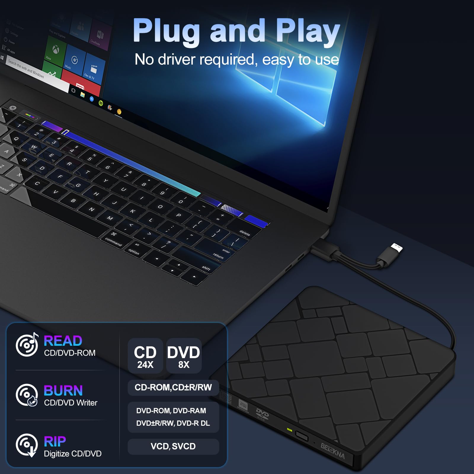 Beizkna External Cd Dvd Drive For Laptop Usb 3.0 & Usb C Portable Dvd Player For Cd Rom +/ Rw Burner Reader Writer Optical Disc