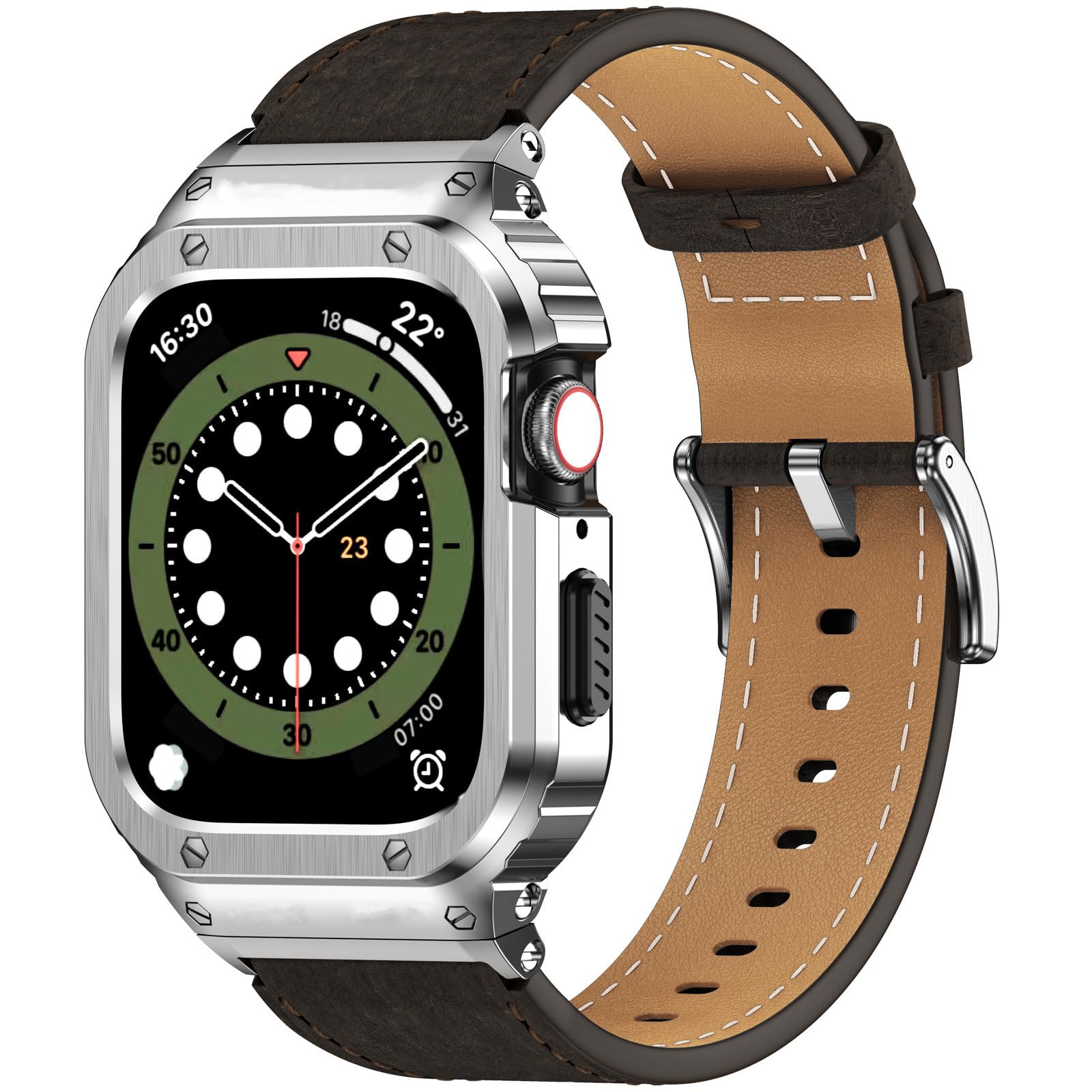 Suplink Stainless Steel Case And Bands Compatible With Apple Watch Series 8 9 7 Band 45Mm For Men,Leather Strap And Rugged Apple