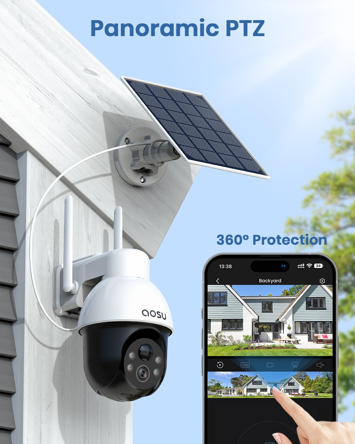 Aosu 3K/5Mp Solar Security Cameras System Wireless Outdoor, Battery Powered Wifi Camera For Home Security, Panoramic Ptz, Auto T