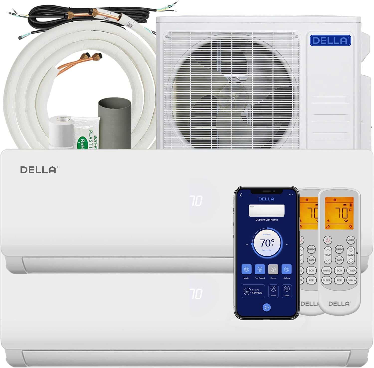 Della 18K Btu Odu 2 Dual Zone 9000 9000 Btu Wifi Mini Split Air Conditioner Work With Alexa, 20 Seer2 208 230V Cools Up To 800 S