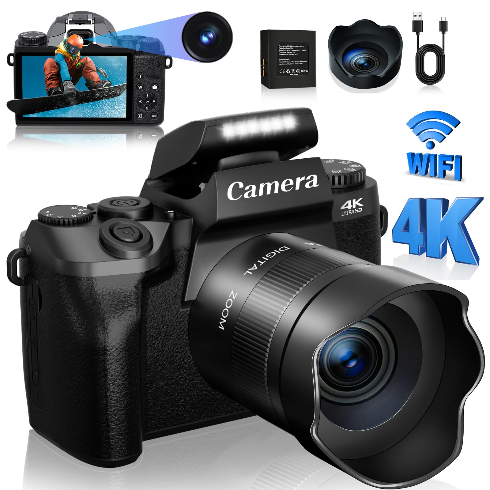Cameras For Photography, 4K 64Mp Vlogging Camera For Youtube, Autofocus Digital Camera With Large 4.0 Touchscreen 16X Digital Zo