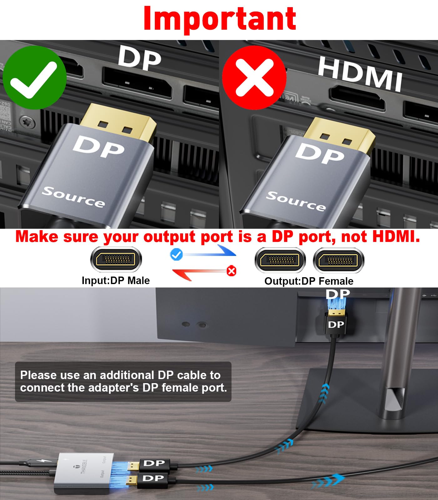 Thandble Displayport To Dual Displayport Adapter (4K@60Hz) Display Port 1 In 2 Out Splitter For Dual Monitor Extended Display, M