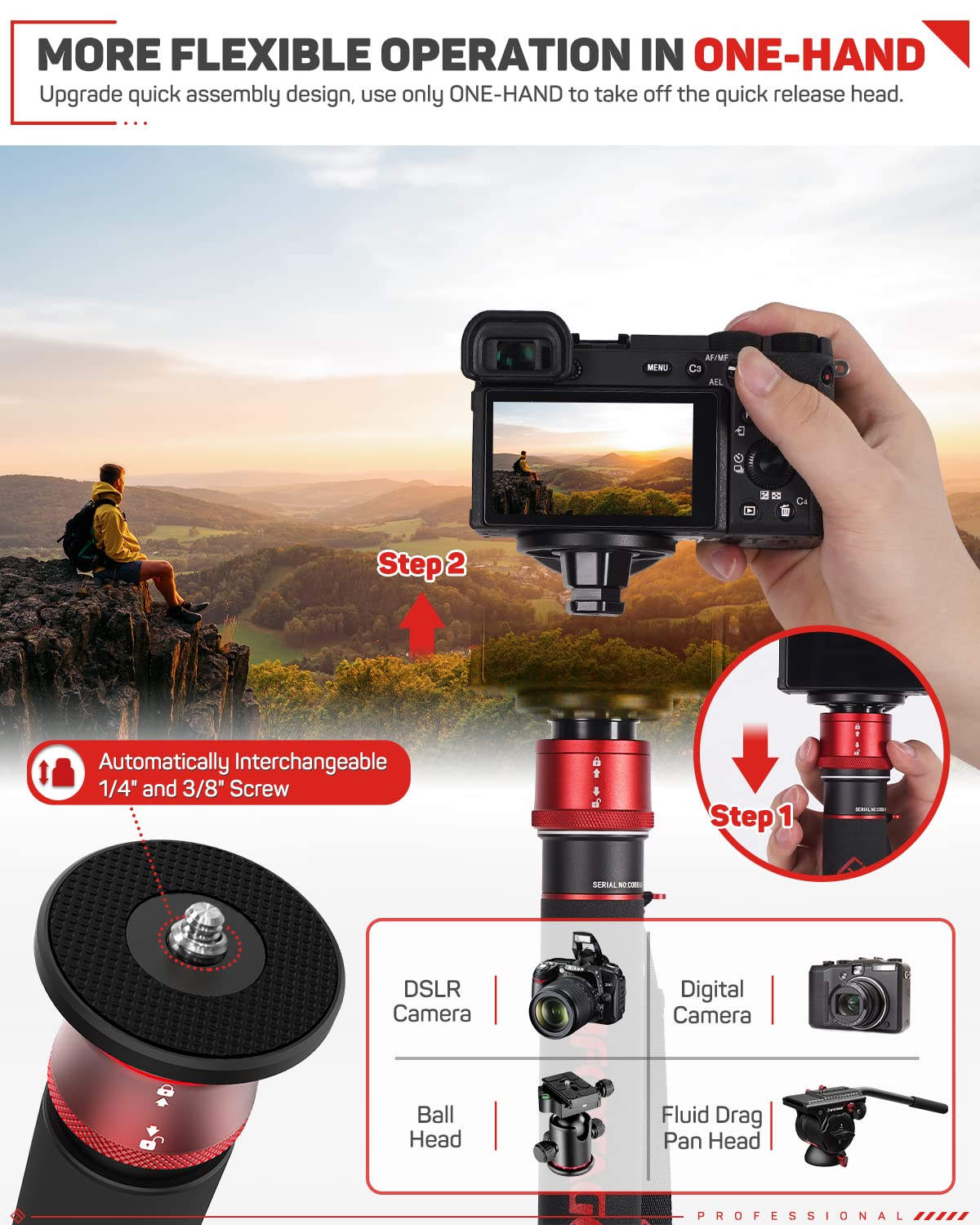 Ifootage 71'' Monopod For Cameras, Lightweight Travel Monopod With Feet, Professional Aluminum Camera Monopod, Compatible With S