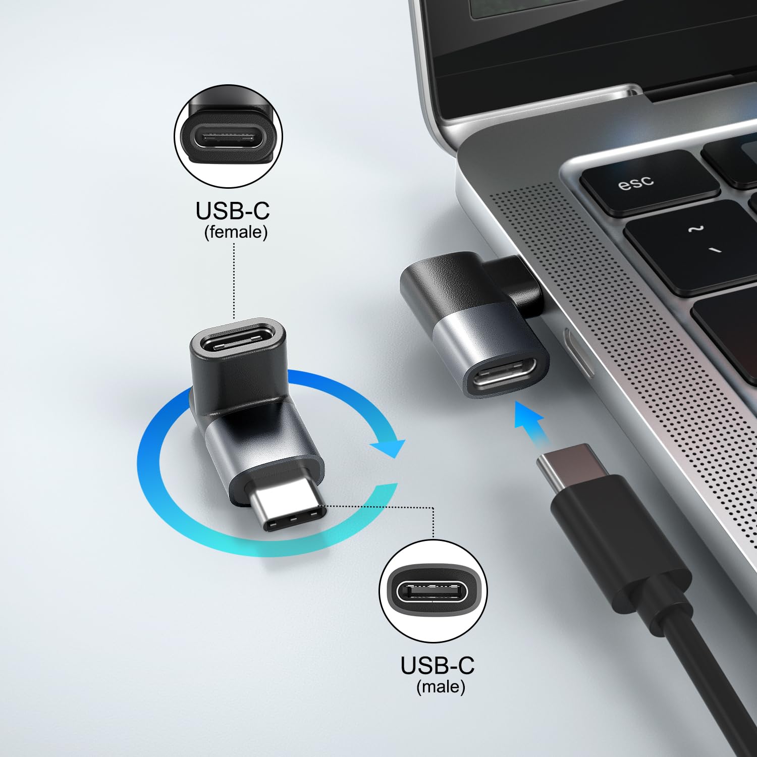 Basesailor 90 Degree Usb C Adapter 3Pack,Right Angle Usb C Male To Type C 40Gbps 100W Female Extender Connector,Thunderbolt 3 Up