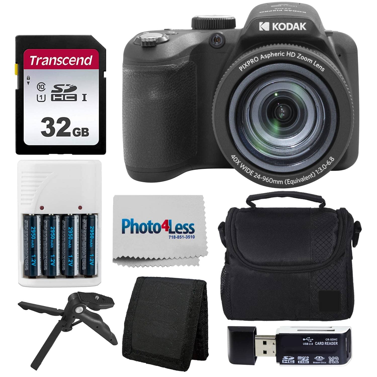 Kodak Pixpro Az405 Digital Camera Black, Point & Shoot Camera Case, 32Gb Sd Memory Card, Rechargeable Batteries & Charger, Usb C