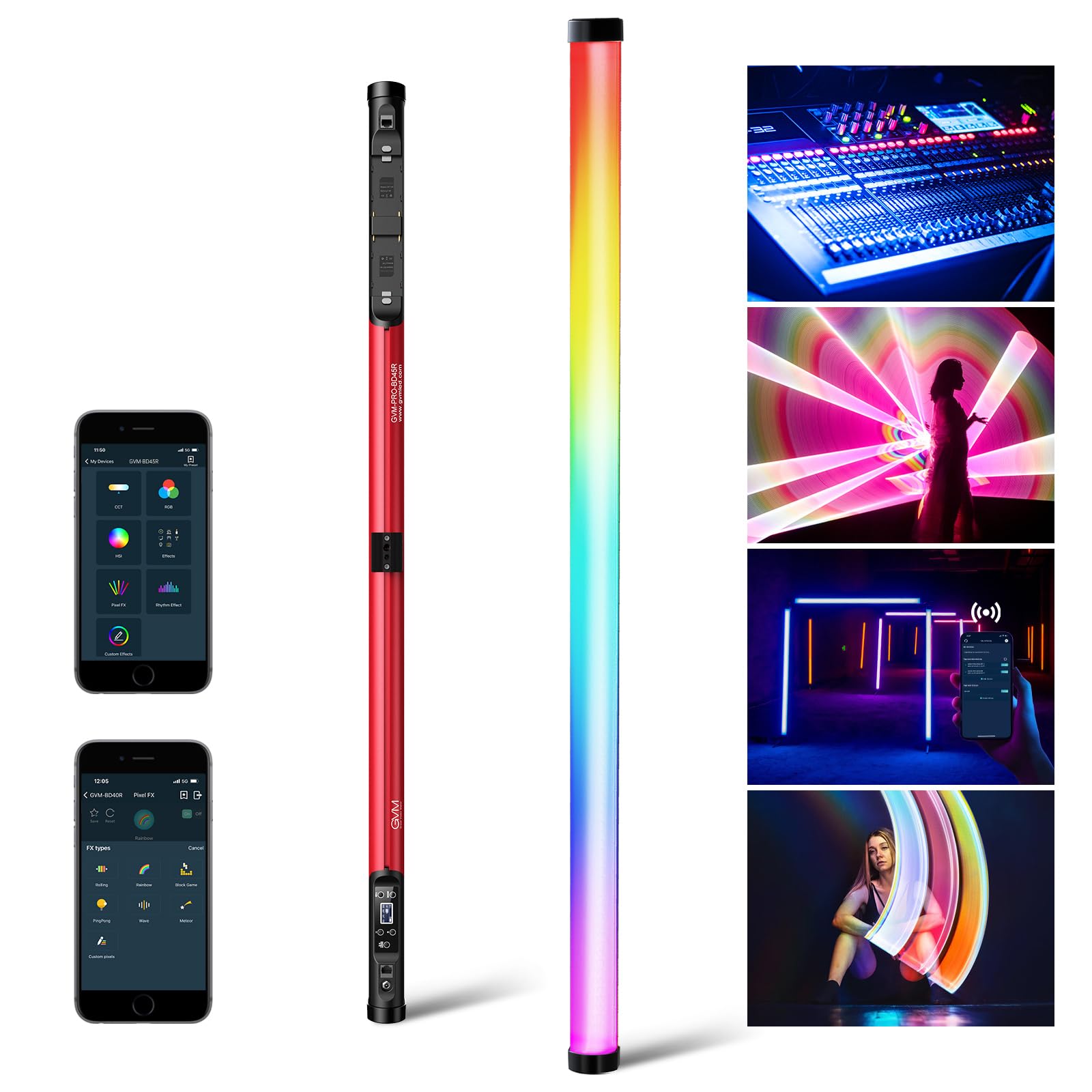 Gvm Bd45R Led Video Light, 45W Handheld Wand Light, 48'' Full Color Led Tube Light, 2700 10000K Stick Light With App/Dmx Control