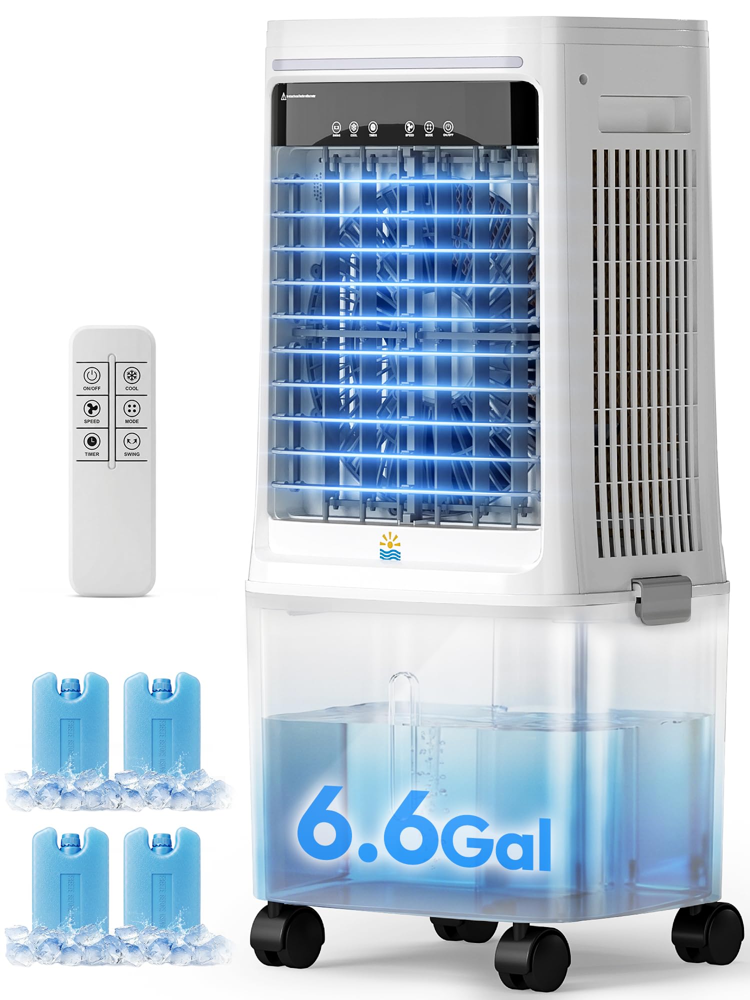 EXNOS 3-in-1 Portable Evaporative Air Cooler - 2000 CFM Swamp Cooler with Remote Control, 6.6-Gal Dual Tank, 4 Ice Packs, 12H Ti