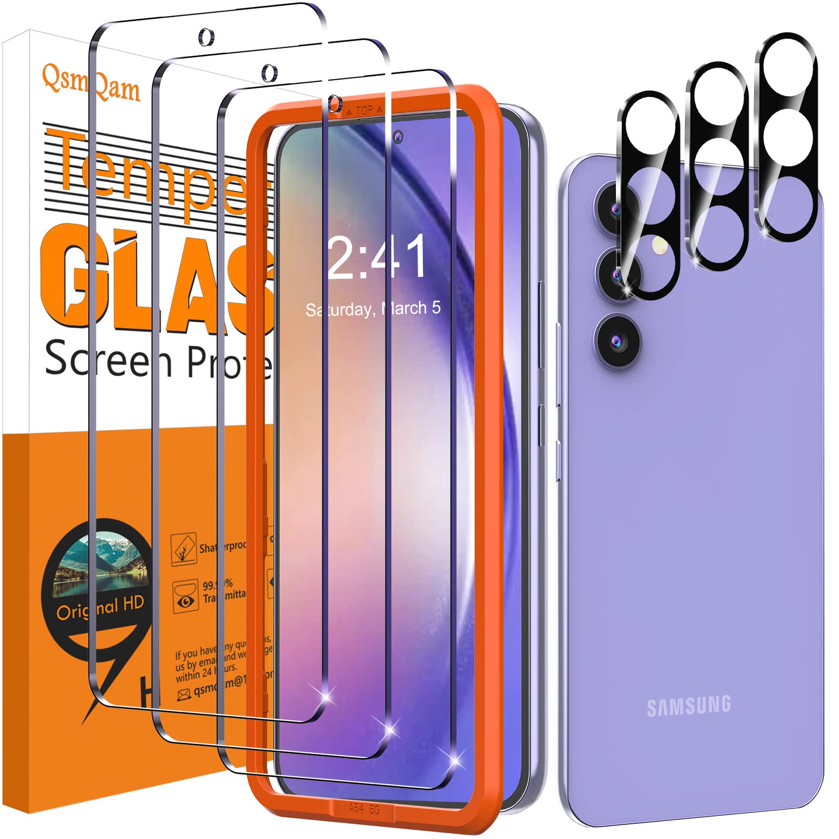 Qsmqam 3 Pack Screen Protector For Samsung Galaxy A54 5G + 3 Pack Camera Lens Protector, Ultra Hd Tempered Glass, 9H Hardness, A