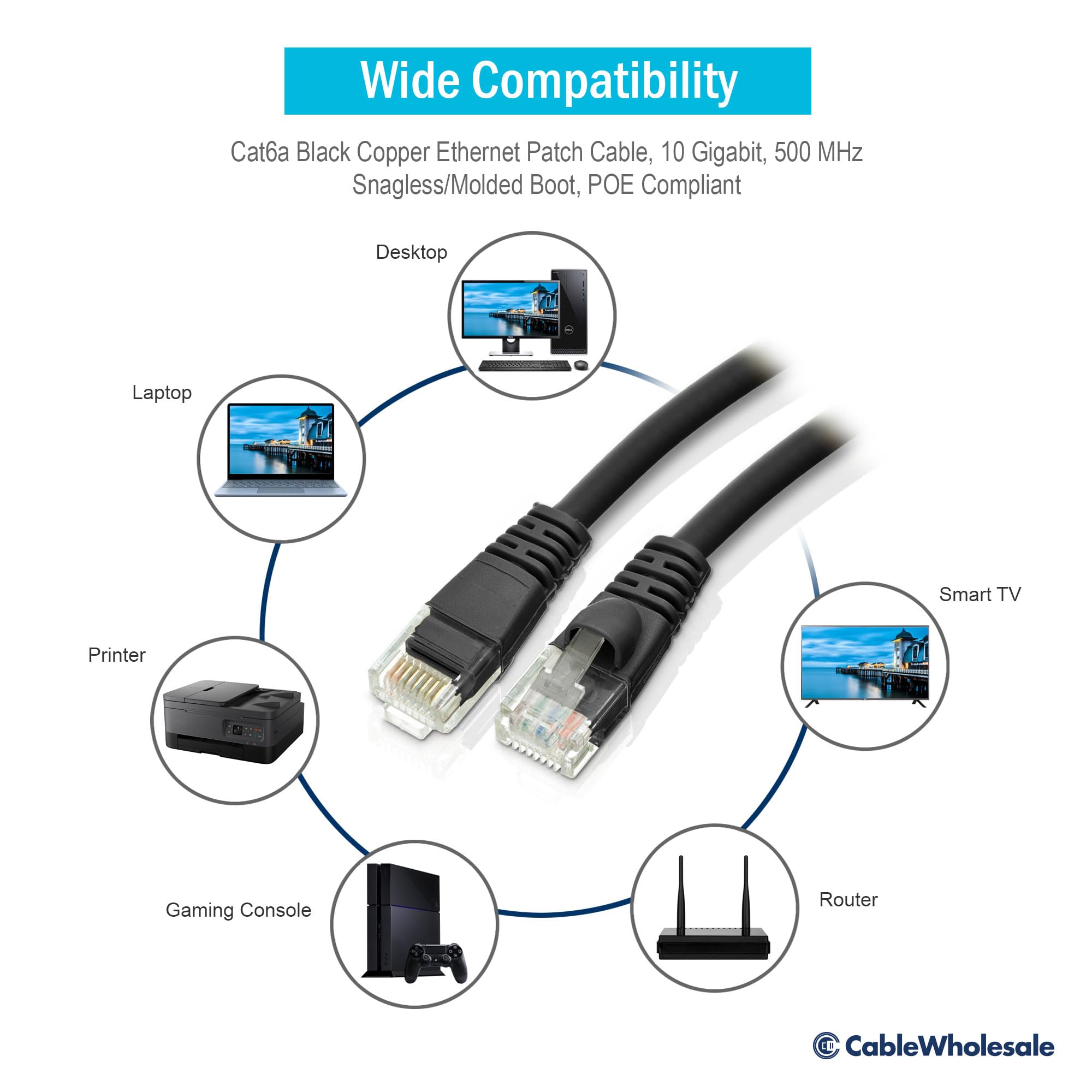 Cablewholesale 10 Foot Black Cat6A Ethernet Patch Cable, Snagless/Boot With Rj45 Connector, 500 Mhz, 24 Awg, Utp(Unshielded Twis