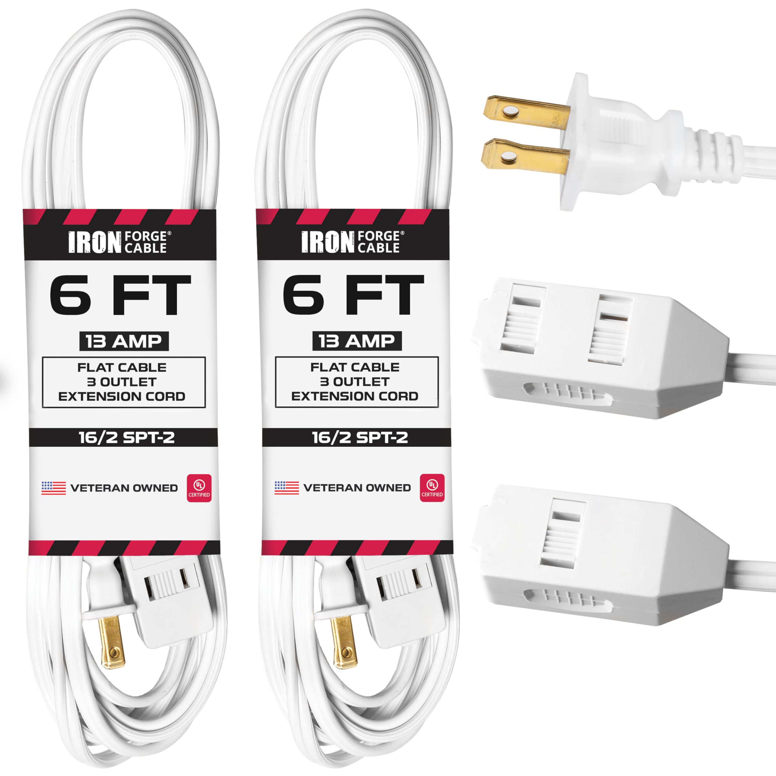 Iron Forge Cable 2 Pack 6 ft White Extension Cord with 3 Outlets - 16/2 SJTW 2 Prong Indoor Extension Cord with Multiple Outlets