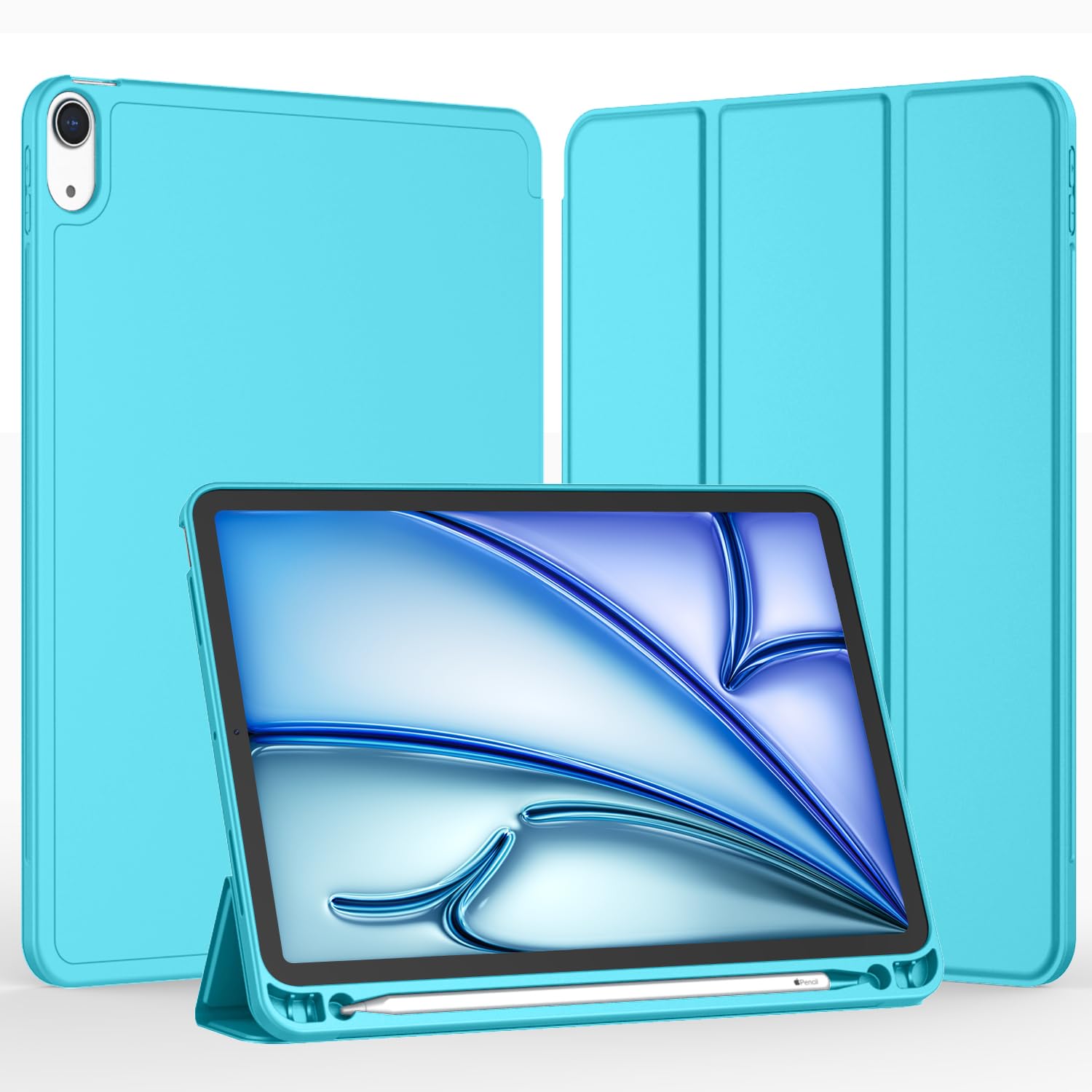 Imieet Ipad Air 11 Inch Case 2024 (6Th Generation), Ipad Air 5Th Generation Case 2022/4Th Generation Case 2020 10.9 Inch With Pencil Holder, Trifold Stand Smart Case(New Cyan)